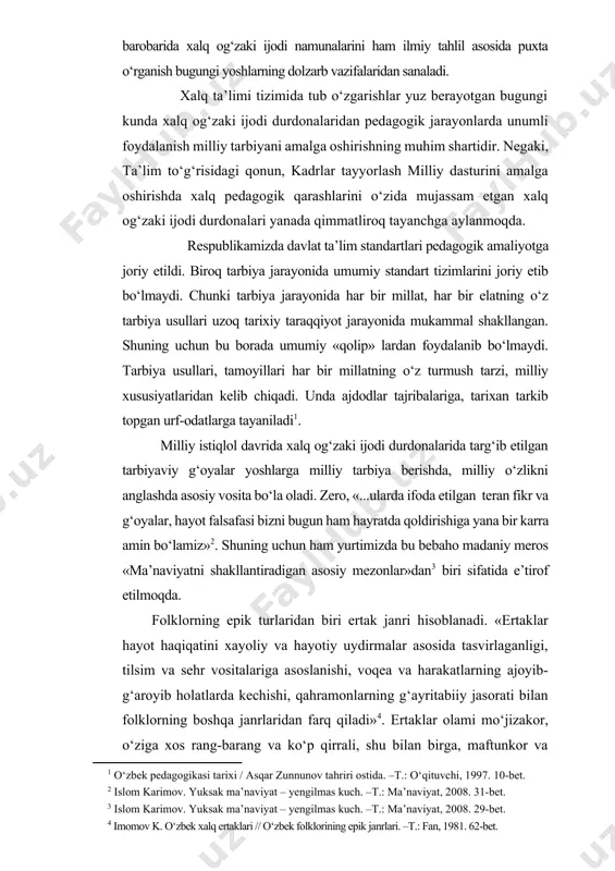 va talqiniga xos asosiy xususiyatlar hanuzgacha yaxlit bir tizim asosida o‘rganilmagan. rus va yevropa folklorshunosligi bu borada ancha ilgarilab ketgan. hayvonlar haqidagi o‘zbek xalq ertaklarining o‘ziga xos xususiyatlari va nafosatidan kelib chiqib, masalaga ilmiy-ijodiy yondashish asnosida va o‘zbek ertakshunosligida v.y.propp uslubi asosida personajlar tarkibi va talqiniga bag‘ishlangan ushbu tadqiqot ishimiz shu yo‘ldagi dadil qadamlardan biridir. unda o‘zbek hayvonlar haqidagi ertaklarida ishtirok etuvchi personajlarning mukammal tasnifi ilmiy-nazariy xarakterda tadqiq etildi. mavzuning dolzarbligi ana shu jihatlar bilan asoslanadi. bmining maqsad va vazifalari: hayvonlar haqidagi o‘zbek xalq ertaklarining o‘ziga xos xususiyatlari og’zaki ijod namunalarida sezilarli darajada saqlanib qolgan. aslini olganda, tadqiqotchi xalq og’zaki ijodining qaysi bir turi, janrining tarixiy ildizlarini o’rganishga qo’l urmasin, u albatta, qadimiy tasavvurlar, marosim, urf-odatlar, xalqning mifologik tafakkuriga duch keladi. shu sababli dunyo xalqlari folklori tarkibidagi barcha janrlarning tub ildizi bir zaminga borib taqaladi. o‘zbek folklorshunoslari har bir folklor asarlarining badiiy xususiyatlarini tahlil etish, janrlar bo‘yicha tasnif qilish va …