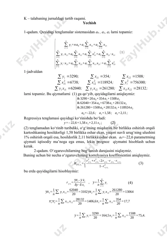 hun kerak. 2-qadam. o‘zgaruvchilarning bog‘lanish darajasini niqlaymiz. buning uchun bir necha o‘zgaruvchining korrelyasiya koeffitsientini aniqlaymiz. (3) bu erda quyidagilarni hisoblaymiz: (4) o‘rtacha kvadrat og‘ishmani hisoblaymiz: endi korrelyasiya koeffitsientini hisoblaymiz. larni (3) ga qo‘yib ni hisoblaymiz. demak, shuni ko‘rsatadiki y va x1, x2 lar orasidagi bog‘lanish juda yuqori. determinatsiya koeffitsienti dan ko‘rinib turibdiki, 96% hosildorlik x1 va x2 ga bog‘liq, 4% esa hisobga olinmagan omillarga bog‘liq. 2-topshiriq 1-topshiriqdagi ishlab chiqarish funktsiyasini tahlil qiling. a) ishlab chiqarish vositalarining qoplanishini (ozuqa sarfi, mehnatga ketgan sarf-xarajatlarni) aniqlang. b) 10 ta xo'jalikda ham (1 kg sut = 5000 co'm, 1 odam/yil = 1500 so'm). v) sigirlar sutining narxi 5000 so'm, mehnatga qilingan sarf 1 odam/yil <=1000 so'm bo'lishi uchun qancha ozuqa sarf qilinishi kerak? s) 5000 so'mlik sut etishtirish uchun mehnatga haq to'lashni qanchaga oshirish kerak, mehnatga haq to'lash = 800000 so'm bo'lsachi? image1.wmf oleobject1.bin image2.wmf image3.wmf y x x x x y y x …
