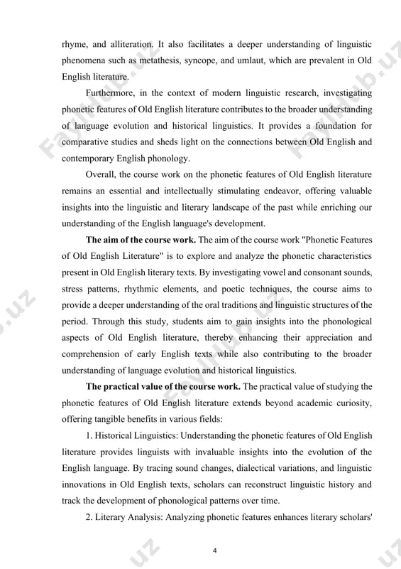 of germanic tribes who settled in britain during the early middle ages. despite the challenges of linguistic evolution and cultural transformation, old english literature endures as a testament to the creativity, resilience, and cultural identity of the anglo-saxon people. this essay explores the definition and scope of old english literature, examining its genres, themes, and contributions to the literary heritage of the english-speaking world.[footnoteref:2] [2: allen, c. the pre-old english sound system. university of michigan press (2000).] old english literature comprises a diverse array of genres, including epic poetry, heroic narratives, elegies, religious texts, and historical chronicles. these works were primarily composed in the old english language, a germanic language closely related to old frisian, old saxon, and old high german. the earliest extant manuscripts date back to the 8th century, with notable examples such as the epic poem "beowulf," the elegies "the wanderer" and "the seafarer," and the religious …