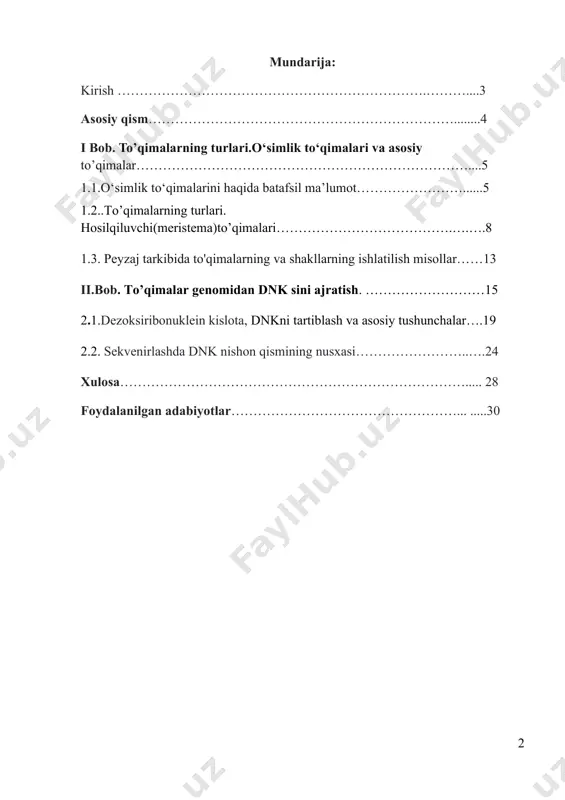 uam m olarini o ‘rganishda, odamlarda uchraydigan irsiy kasalliklarni davolashning istiqbolli usullarini yaratishda genetika fanining roli juda muhimdir. akademik litsey va kollejlar talabalari uchun tavsiya etilayotgan bu darslikda genetika fanining asosiy muammolari qisqa va tushunarli tarzda bayon qilingan. ko‘pchilik mavzularning mazmuni qisqacha tushuntirilgandan keyin mavzuni mustahkamlash uchun savollar berilgan, vaziyatga oid masalalar, test topshiriqlari va unga javoblar keltirilgan. mualliflar bu darslikni yaratishda mavzular mazmunining sodda, tushunarli bo‘lishiga ko‘proq e ’tibor berdilar. ayniqsa darslik oxirida keltirilgan atamalar lug‘ati talabalarning genetikaga oid bilimlarni o‘zlashtirishiga katta yordam beradi deb hisoblaymiz. darslik biologiya va genetika darsliklaridan maktablar, kollejlar, akademik litseylar va oliy o‘quv yurtlarida uzoq yillar davomida bilim berib kelgan va shu fanlar bo‘yicha o‘quv qo‘llanmalari va darsliklar yaratgan mualliflar tomonidan yozilgan. shubhasiz, darslikda ayrim kamchiliklar uchrashi mumkin. ularni bartaraf etish maqsadida berilgan maslahatlar, taklif va mulohazalarni mualliflar minnatdorchilik bilan qabul qiladilar. asosiy qism. i.bob. to’qimalarning turlari.o‘simlik to‘qimalari va asosiy to’qimalar 1.1.o‘simlik to‘qimalarini haqida …