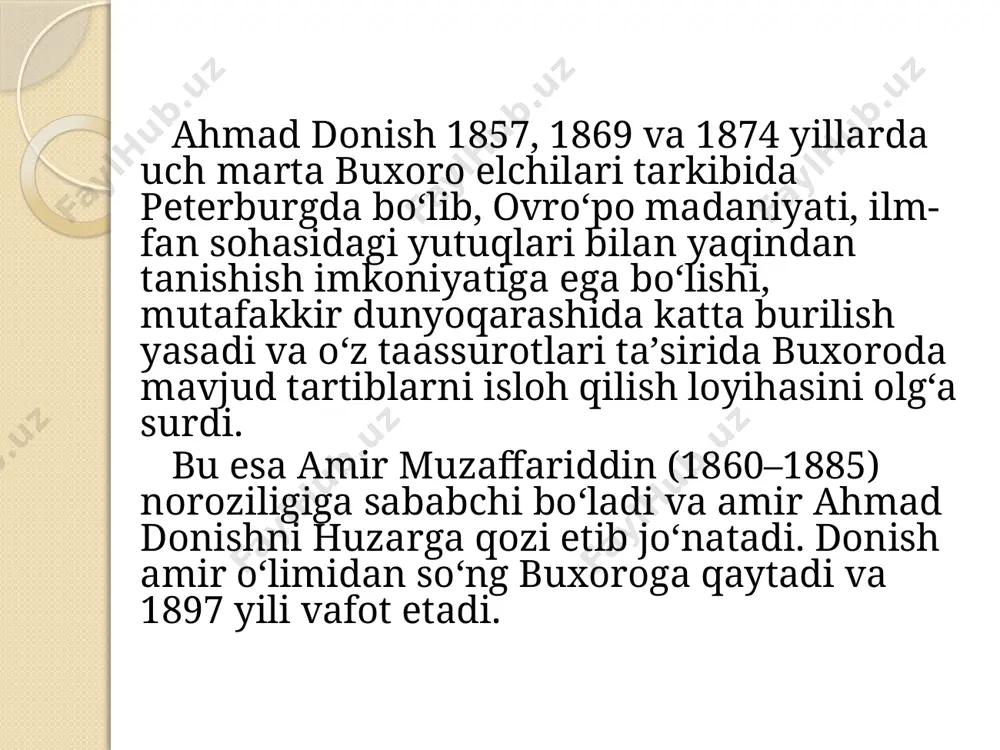 metodikasi, buxorolik rasmiy ruhoniylar, ya’ni “ulamo”larning faoliyati va faoliyatini tanqid qilishdir. a.donish oʻzining “nodir hodisalar” va “tarixiy risola” asarlari bilan aniq va tabiiy fanlarning ashaddiy tarafdori sifatida shuhrat qozondi, ularni oʻrganishni oʻsha davrdagi maktab va madrasalardagi sxolastik oʻqitish uslublariga qarama-qarshi qoʻyadi. donish talabalarni real dunyo hodisalarini o'rganish ob'ektini tanlashga undadi. qomisiy olim ahmad donish ilm o’rganishga intilishni inson kamolotini ta’minlash uchun xizmat qiluvchi eng zarur fazilatlardan biri deb biladi. ilmni insonni, xalqni nodonlikdan jaholatdan qutqazuvchi omil sifatida ta‟riflaydi. asar mazmunida surilgan g’oyalar yordamida kishilarni ilmli va ma’rifatli bo’lishga undaydi. mutafakkir ilm o’rganishni har bir kishining insoniy burchi deya e’tirof etadi. zero, ilm o’rganishdan maqsad ham xalqning farovon, baxtli-saodatli hayot kechirishini, mamlakatning obod bo’lishini ta’minlashga hissa qo’shishdir, deya ta’kidlaydi. bilimli va dono kishilar hamisha o’z xalqining manfaati hamda mamlakatining ravnaqi yolida faoliyat olib borishiga ishonadi. mutafakkir dunyoqarashini shakllantirishda muhim rol o‘ynagan yana bir asos sharq falsafasining ta’siri, buyuk mutafakkirlar – zaratushtra, …