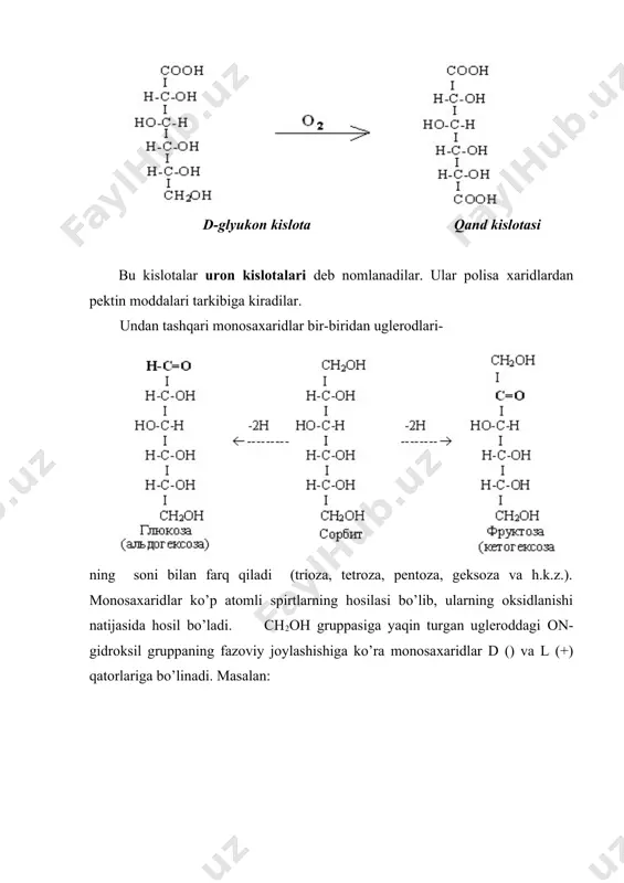 adi. uglevodlarni bir-biridan farqlash uchun ikkinchi хil nom bilan yuritiladilar: glyukoza-vino kanti, frutoza-meva kanti. monosaхaridlar eritmalarda bir-biriga aylana oladigan 3 хil formada bo’ladilar, ularning 2 tasi tsiklik: oh c c o h h c h o o h o h o o h h o h h h h c h 2 o h h o h o h o o h h o h h h h o ch2oh h h c h h c h oh ch2oh -d-glyukopiranoza d-glyukoza -d-glyukopiranoza monosaхaridlarning chizikli formadan tsiklik formaga o’tishi kislorod «ko’prigining» hosil bo’lishi orqali boradi. glyukozada bu «ko’prik» 1-chi va 5-chi uglerod orasida, fruktozada 2-chi va 6-chi uglerod orasida hosil bo’lishi natijasida glyukoza va fruktozaning tsiklik piran formasi; glyukozada 1-chi va 4-chi uglevod orasida, fruktozada 2-chi va 5-chi uglerod orasida kislorod «ko’prigining» hosil bo’lishi ularning furan formasini hosil qiladi. ch2oh ch2oh c=o ch2oh oho h h h o o h h …