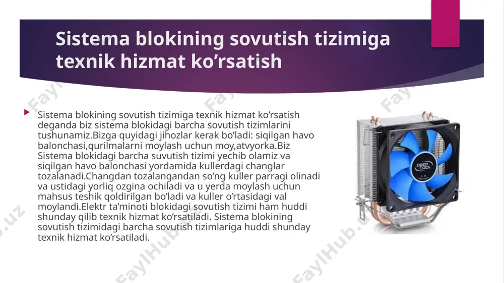 2 tagacha bo‘lishi mumkin, ammo ko‘pincha 8 ta qatlamli bosma plata ishlatiladi. har bir qatlam orasida mikrosxemalarni, qarshiliklarni, kondensatorlarni va razyomlarni o‘zaro ulanishini ta’minlab turuvchi, yupqa metall qoplamadan ishlangan bosma o‘tkazgichlar joylashgan. markazda, protsessor, tezkor xotira moduli va tashqi qurilmalar orasida chipset joylashgan. chipset mikrosxemalar to‘plami bo‘lib, barcha bloklar orasida signallarni taqsimlash vazifasini bajaradi ona platadagi kondensatorlarni almashtirish protsessor va xotira qurilmasining konstruksiyasi joylashtirilishi shunday amalga oshirilganki, u butun tizimni maksimal sovutish imkonini beradi. atx spetsifikatsiyasida g‘ilof ichida havoning bosimini kamaytirishga olib keladigan purkash kabi ishlaydigan ventilator afzal ko‘rilgan. ko‘pchilik ishlab chiqaruvchilar atx ta’minot blokini tizimdan havoni so‘rib oluvchi ventilator bilan birgalikda ishlab chiqaradilar, ya’ni manfiy bosimli konstruksiyani taklif qiladilar. e’tiboringiz uchun rahmat! image1.jpeg image2.jfif image3.jfif image4.jfif image5.jfif image6.jfif image7.jfif image8.jfif image9.jpeg image10.jfif image11.png image12.jfif /docprops/thumbnail.jpeg