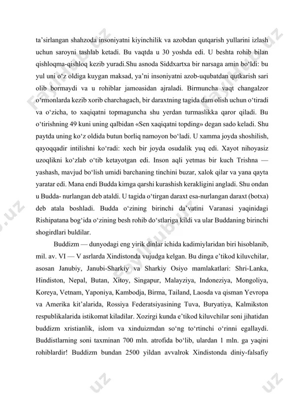 va amerika kit’alarida, rossiya federatsiyasining tuva, buryatiya, kalmikston respublikalarida istikomat kiladilar. xozirgi kunda e’tikod kiluvchilar soni jihatidan buddizm xristianlik, islom va xinduizmdan so‘ng to‘rtinchi o‘rinni egallaydi. buddistlarning soni taxminan 700 mln. atrofida bo‘lib, ulardan 1 mln. ga yaqini rohiblardir! buddizm bundan 2500 yildan avvalrok xindistonda diniy-falsafiy ta’limot sifatida vujudga kelib, unda ko‘plab diniy manbalar va diniy yunalishlar mavjud. buddizm turli milliy va diniy an’analar bilan kelishuvchanligi sababli ko‘p millatlar tomonidan keng kabul kilindi. buddizm xayotning barcha sohalari: diniy, madaniy, siyosiy va iktisodiy katlamlariga kirib bordi. qadimgi baqtriya hududlariga bu din milodiy i asr boshdarida kirib keldi. eski termizda ko‘plab buddaviylik ibodatxonalari barpo bo‘ldiki bu dinning yuksalishi, tarqalishi ayni eski termiz bilan bog‘liq. eski termizda o‘ndan oshiq buddaviylik ibodatxonlari mavjud bo‘lgan ularning ayrimlarigina saqlanib qolgan bo‘lib hali-hanuz ushbu tarixiy qadamjolar insoniyatni hayratga solib kelmoqda ana shunday obidalardan biri qoratepa buddaviylik ibodatxonasidir. mazkur inshoot milodiy i-iii asrlar.eski termizning shimoliy – sharqiy qismida …