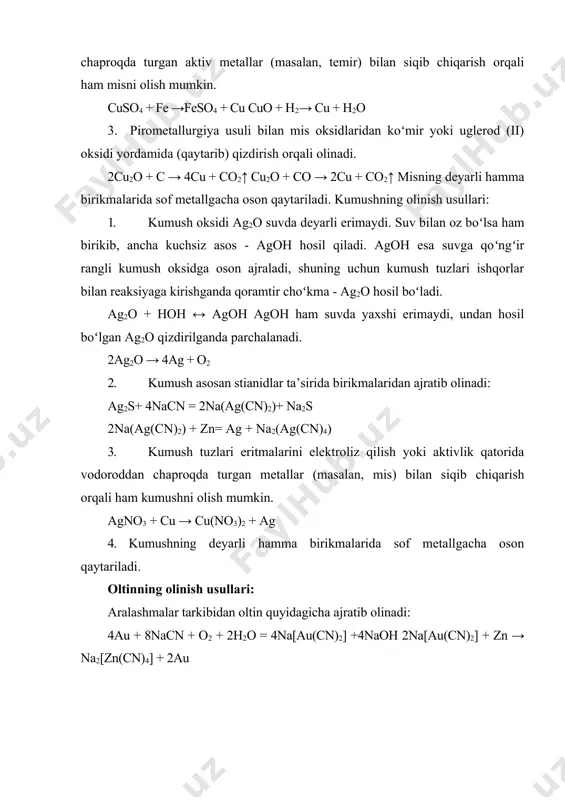 osil qiladi. mis (1) oksidning rangi qizil, u suvda erimaydi. mis (1) oksidning gidrati cuoh beqaror birikma boʻlib, mis (1) oksid va suvga oson ajraladi. mis konsentrlangan sulfat va nitrat kislotalarida eriydi. cu ning birikmalari havodagi kislorod bilan oson oksidlanib, cu ning ancha barqaror birikmalariga aylanadi. ikki valentli misning koʻpgina tuzlari suvda yaxshi eriydi. mis (ii)-yodid cuj2 odatdagi sharoitda beqarordir. shuning uchun cu ning tuzlari yodidlar bilan reaksiyaga kirishganda mis (i)-yodid hosil boʻlib, sof mis ajralib chiqadi. suvdagi eritmada misning tuzlari gidrolizlanadi. qora mis (ii)-oksid cuo va unga toʻgʻri keladigan havorang gidroksid cu(oh)2 suvda erimaydi, lekin kislotalarda oson erib, tuz hosil qiladi. cu(oh)2 kuchli ishqorlarning oʻtkir eritmalarida ham erib, kupritlar deb ataladigan tuz (masalan na2cuo2) hosil qiladi. mis (ii)-gidroksid hatto suv qoʻshib qizdirilganda ham mis (ii)-oksidga aylanadi. misning birikmalari koʻpchilik molekula va ionlar bilan birikib, suvda oson eriydigan kompleks birikmalar hosil qiladi. shunga asoslanib, misning suvda oz eriydigan birikmalarini eritmaga …