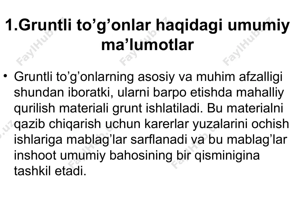 hta guruhga bo’linadi: 1) ko’tarma (grunt quruq holda to’kilib mexanizmlar bilan zichlanadi yoki suvga to’kiladi); yuvma (gidromexanizatsiya vositalari bilan); to’kma (balanddan yirik toshlarni to’kish yoki yo’naltirilgan portlatish yordami bilan). gruntli to’g’onlar sinfi balandlik va zamindagi gruntga ko’ra aniqlanadi va 1-jadvaldan qabul qilinadi. grunt materialli to’g’on sinflari. to’g’on zamindagi gruntlar inshoot sinflari i ii iii iv to’g’on bandligi, m qoyali qumli, yirik bo’lakli, qattiq va yarim qattiq holatdagi gilli gilli, suvga to’-yingan plastik holatda 100 dan ortiq 50 dan ortiq 50 dan yuqori 70 dan 100 gacha 35 dan 75 gacha 25 dan 50 gacha 25 dan 70 gacha 15 dan 35 gacha 15 dan 25 gacha 25 dan kichik 15 dan kichik 15 dan kichik 3. muhandislik - geologik qidiruvlar va gruntli materiallarning fizik-mexanik tavsiflari to’g’on zaminida qidiruv va tadqiqot ishlarini olib borishda quyidagilar yoritiladi: 1) jinslarning suvga chidamligi ko’rsatilgan holda uning geologik sharoitlari; 2) grunt suvlarining joylashuvi, ularning kimyoviy …