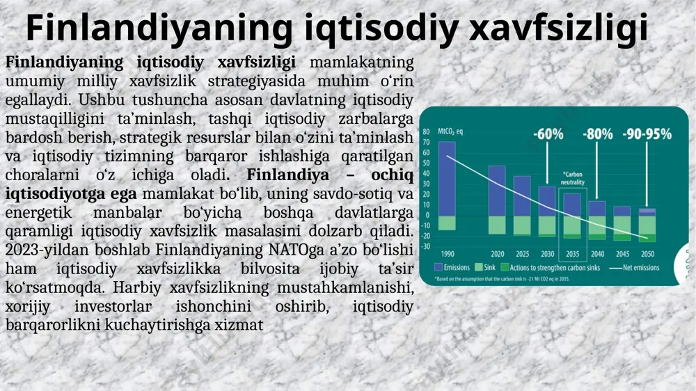 tech xizmatlar: 200 dan ortiq fintech startaplar mavjud, ulardan bir qismi xalqaro bozorga chiqmoqda (mobil to‘lovlar, blokcheyn). davlat yordami: business finland har yili 400 million yevrodan ortiq mablag‘ni innovatsion startaplarga grant tarzida taqdim etadi. 20 dan ortiq innovatsion parklar faoliyat yuritmoqda. startaplar: 2024-yilda 3000+ startap faoliyat yuritmoqda. ulardan 60% eksportga yo‘naltirilgan, ya’ni xalqaro bozorda raqobatbardosh. eng mashhurlari: wolt (yetkazib berish), supercell (mobil o‘yinlar), iceye (kosmik sun’iy yo‘ldoshlar). savdo xavfsizligi va eksport finlandiya iqtisodiy xavfsizligida tashqi savdo hal qiluvchi rol o‘ynaydi. eksportning asosiy qismini texnika (28%), kimyo mahsulotlari (20%), it xizmatlari (15%) va yog‘och mahsulotlari (13%) tashkil qiladi. mamlakat eksportining 65 foizi yevropa ittifoqi davlatlariga yo‘naltirilgan. shuningdek, osiyo (15%) va shimoliy amerika (10%) ham muhim savdo sheriklari hisoblanadi. so‘nggi yillarda finlandiya “green trade strategy” doirasida eksportda ekologik tozalikka urg‘u bermoqda. organik oziq-ovqat, qayta ishlanadigan materiallar va karbon chiqindisi past bo‘lgan mahsulotlar asosiy eksport turkumlariga kiradi. eksportni qo‘llab-quvvatlovchi davlat tashkiloti finnvera, har …