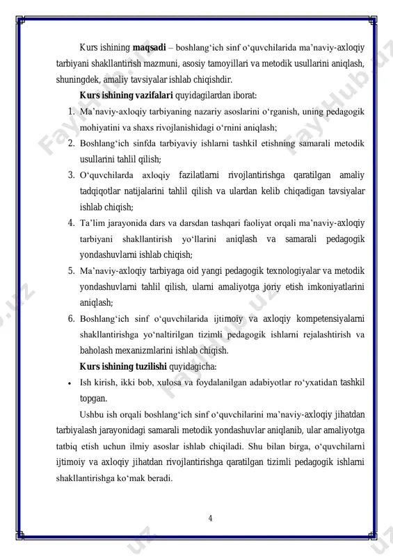 lik va do‘stona munosabat kabi fazilatlarni o‘zlashtiradi. bolaning shaxs sifatida rivojlanishi uning oila, maktab va jamiyat bilan uyg‘unlashish qobiliyati bilan bevosita bog‘liq bo‘lib, ma’naviy- axloqiy tarbiya shu jarayonning muhim omili hisoblanadi. ma’naviy-axloqiy tarbiyaning mazmuni keng va ko‘p qirrali bo‘lib, u bir nechta asosiy jihatlarni o‘z ichiga oladi. avvalo, bu jarayon bolaga axloqiy qadriyatlarni o‘rgatadi, ya’ni to‘g‘ri va noto‘g‘ri xatti-harakatni ajrata olish, jamiyat va tengdoshlariga hurmat bilan munosabatda bo‘lish, yordam berish, mas’uliyatni anglash kabi fazilatlarni shakllantirishga qaratilgan. masalan, sinfda tengdoshlariga yordam berish, navbat kutish, o‘z fikrini muloyim va hurmat bilan bildirish kabi xatti-harakatlar bolada axloqiy qadriyatlarning amalda namoyon bo‘lishini ta’minlaydi. shu bilan birga, ma’naviy-axloqiy tarbiya bolaga ijtimoiy me’yorlarni o‘rgatadi, ya’ni jamiyat va maktabdagi qoidalar, odob-axloq me’yorlari va madaniy normalarga rioya qilish ko‘nikmalarini shakllantiradi. bu esa bolani nafaqat maktabda, balki kundalik hayotda ham to‘g‘ri va ijtimoiy jihatdan moslashgan shaxsga aylantiradi. ma’naviy-axloqiy tarbiyaning mohiyati shaxsning ichki dunyosi bilan chambarchas bog‘liqdir. tarbiya faqat tashqi …