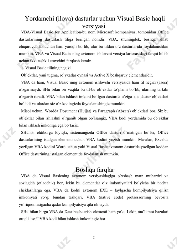 birga vba da data boshqarish elementi ham yo`q. lekin ma`lumot bazalari orqali “sof” vba kodi bilan ishlash imkoningiz bor. vba ning noyob imkoniyati ham bor dastur tuzishni makroslar yozishdan boshlashingiz mumkin, yahni office ning siz uchun kod yozadi. vba excel, word, access va power point dasturlarining bir qismi hisoblanadi. outlook dasturi esa visual basic ning boshqa, imkoniyati kamroq vbceript versiyasidan foydalanadi. vba ni o`rnatish vba office dasturlarini o`rnatishganda avtomatik tarzda o`rnatiladi. lekin vbaning ma`lumotnomasi o`rnatilmaydi. vba da dastur tuzish jarayonida ma`lumotnoma zarur bo`lishi mumkin. shu bilan birga vba bilan ishlashda axborotlar bazasi bilan ishlash imkonini beruvchi ob`ektlarni o`rnatish zaruriyati ham yuzaga kelishi mumkin. vba komponentlarini o`rnatish vba malumotnomasi fayllarini o`rnatish uchun officeni o`rnatish dasturini ishga tushiring. “dobavit (udalit komponenti)” (add/ remove components) word, excel va powerpoint buyrug`ini tanlang. “spravka i fayli primerov” (help files and samples) satrini belgilang. ascess uchun “spravka po programmirovaniyu” (programming help) satrini belgilash lozim. har bir …