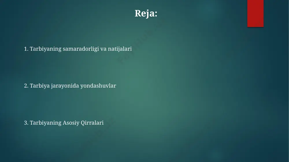 bu muammoni hal qilishning 7 xil turli usulini qo'llash qobiliyatiga olib keladi va mustaqil fikrlashni shakllantiradi. shaxsning barcha tomonlarini qamrab olgan tarbiya tarbiyaning samaradorligi 5 ta asosiy omilga – oila, maktab, jamiyat, o'quv dasturi va shaxsiy motivatsiyaga bog'liq bo'lib, ularning uyg'unligi muhim ahamiyat kasb etadi. ushbu yondashuv, shaxsning 4 ta muhim qobiliyatini – muloqot, muammo yechish, tanqidiy fikrlash va ijodkorlikni rivojlantirishga qaratilgan holda, uning yaxlit shakllanishiga xizmat qiladi. shaxsning intellektual, ijtimoiy-axloqiy va jismoniy rivojlanishini 3 asosiy yo'nalishda – ta'lim, tarbiya va o'z-o'zini tarbiyalash orqali muvozanatli shakllantirishni nazarda tutadi. milliy va umuminsoniy qadriyatlarni singdirish tarbiya jarayonida 7 yoshgacha boʻlgan bolalarga asosan 10 ta asosiy milliy qadriyat, shuningdek, 5 ta umuminsoniy qadriyat singdiriladi, bu esa ularning shaxsiy rivojlanishiga ijobiy taʼsir koʻrsatadi. milliy va umuminsoniy qadriyatlarni singdirish jarayoni 3 bosqichdan iborat boʻlib, har bir bosqich oʻziga xos pedagogik texnologiyalar va 5tadan ortiq amaliy mashgʻulotlarni oʻz ichiga oladi. samarali singdirish uchun oila, maktab va …