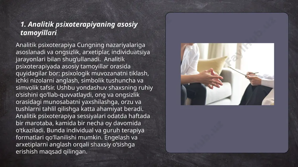apiya davomida amalga oshirilib, har bir sessiyada ular tafsir qilinib, bemor psixikasida yashirin ma'nolarni topishga yordam beradi. ... t.me/slaydai_bot gestalt psixologiyasida shaxsiyat nazariyasi individning barcha hissiyot, idrok, tafakkur va xulq-atvorlari bir butun tizim sifatida ko'rinishini ta'kidlaydi. ushbu nazariya odamning psixologik jarayonlarini ularning alohida qismlaridan ko'ra, butunlikda tahlil qilish muhimligini urg'ulaydi. kurt koffka, wolfgang köhler va max wertheimer kabi olimlar bu yondashuvning asoschilari hisoblanadi. gestalt psixologiyasi "butunlik" prinsipi bilan alohida ajralib turadi, bunda inson harakatlari va hissiyotlarini ajralmas bir butunlik sifatida ko'rsatadi. ushbu nazariya individning o'zini o'zi tushunishi va boshdan kechirayotgan tajribalarni qabul qilishi orqali shaxsiyatning shakllanishiga katta e'tibor qaratadi. ... t.me/slaydai_bot 7. freyd va analitik psixoterapiya usullari freyd psixoterapiya usullari psixoanaliz asosida rivojlangan. u insonning ong osti jarayonlarini o'rganishga katta e'tibor qaratdi. freydning asosiy kontseptsiyalari orasida id, ego va superego tushunchalari mavjud. freyd intuitiv tushlar tahlili va erkin assotsiatsiya usullaridan foydalangan. keyinchalik, analitik psixoterapiya carl jung tomonidan rivojlantirildi va kengaytirildi. …