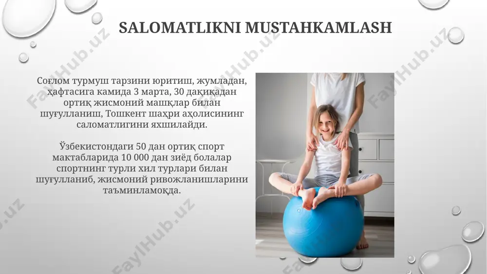 arida mashqlar rejasini tuzish mumkin. zamonaviy texnologiyalar, masalan, 3d sensorli tizimlar yordamida harakatlarni tahlil qilish orqali, 100 dan ortiq sport turlari bo'yicha sportchilarning texnikasini ob'ektiv baholash imkonini beradi va natijada, samarqanddagi sport maktablarida qo'llanilishi mumkin. sport anjomlari спорт анжомларининг 12 та тури, жумладан, бадиий гимнастика учун 5 таси, андижон шаҳридаги спорт комплексида сақланади ва мунтазам текшириб турилади. ўзбекистоннинг самарқанд вилоятидаги спорт мактабларида 30 дан ортиқ турдаги спорт анжомларидан фойдаланилади, буларнинг 15 таси эса халқаро стандартларга жавоб беради. individual yondashuv jismoniy tarbiyaning individual yondashuvi har bir o‘quvchining yoshi, jismoniy tayyorgarligi darajasi (masalan, 10 yoshli bolaning 60% ga teng jismoniy imkoniyatlari) va sog‘lig‘i holatini hisobga olib, 3-5 ta mashqlar majmuasini shakllantirishni nazarda tutadi. individual yondashuvda, toshkentdagi maktablar misolida, 20% o‘quvchilarga kuch mashqlari, 40% ga chidamlilik mashqlari va 40% ga esa moslashuvchanlik mashqlari berilishi mumkin, bu o‘quvchilarning individual xususiyatlariga bog‘liq. jismoniy mashqlarning turlari samarqand shahridagi sport maktablarida 5 yoshdan 18 yoshgacha bo'lgan bolalar …