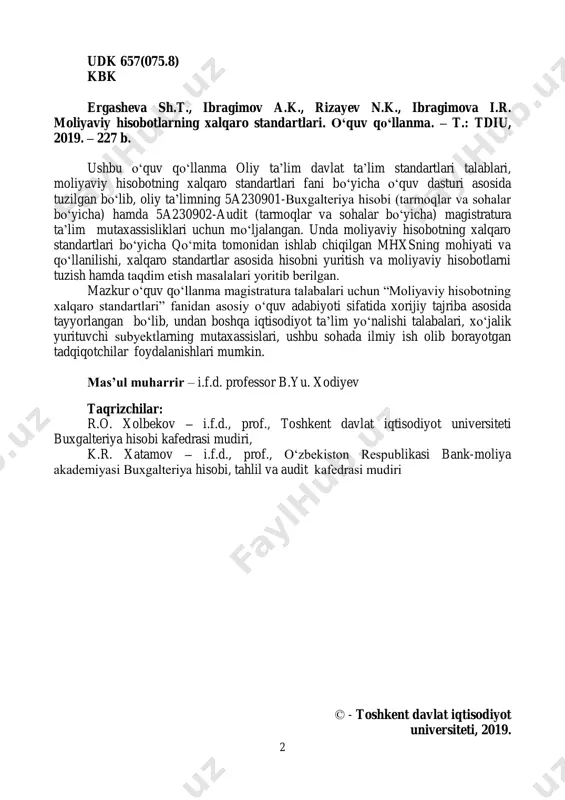 i bo„yicha qo„mita (mhxsq)ning maqsadi va uning tavsifi............................................. 7 1.2. moliyaviy hisobot xalqaro standartlarining birinchi marta qo„llanishi (1-mhxs).............................................................................................. 13 2-bob moliyaviy hisobotlar xalqaro standartlari talablariga muvofiq asosiy vositalarni hisobga olish (16-bhxs) ............................................................................... 21 2.1. “asosiy vositalar” 16-bhxsning maqsadi, mazmuni va asosiy qoidalari.................................................................................................. 21 2.2. asosiy vositalarni hisobga olish bo„yicha testlar ............................ 33 2.3. mustaqil tekshirish uchun testlar ...................................................... 44 2.4. mhxs talablariga muvofiq asosiy vositalarni hisobga olish bo„yicha vazifalar va namunaviy vaziyatlar ......................................................... 49 2.5. mustaqil yechish uchun vazifalar ......................................................... 79 3-bob moliyaviy hisobotlar xalqaro standartlari talablariga muvofiq nomoddiy aktivlarni hisobga olish (38-bhxs)............................................................. 88 3.1. “nomoddiy aktivlar” – 38-bhxsning maqsadi, mazmuni va asosiy qoidalari................................................................................................. 88 3.2. nomoddiy aktivlarni hisobga olish bo„yicha testlar.......................... 109 3.3 o„zini o„zi tekshirish uchun testlar........................................................ 122 3.4. mhxs talablariga muvofiq asosiy vositalarni hisobga olish bo„yicha vazifalar va namunaviy vaziyatlar.......................................................... 125 3.5. mustaqil yechish uchun vazifalar........................................................... 136 4-bob moliyaviy hisobotlar xalqaro standartlari talablariga muvofiq tovar-moddiy zaxiralar