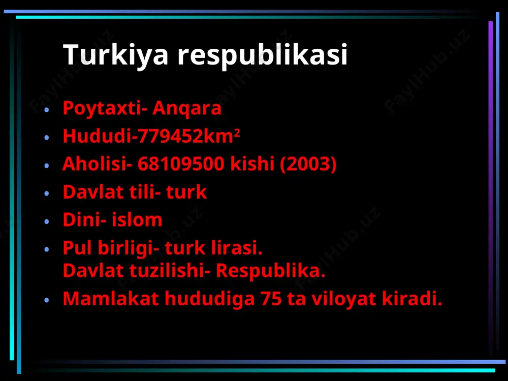 dekabrda o’zbekiston prezidenti i.a. karimov turkiyaga rasmiy tashrif bilan bordi. iqtisodiy va savdo sohasida hamkorlik, madaniyat, fan, ta’lim sog’liqni saqlash, sport, turizm va boshqa sohalarda bitimlar imzolandi. turkiya bilan ko’plab shartnomalar imzolandi. turklarning “interner”, “o’zturk”, “o’zyuksal”, “dogu ilag”, “yazeks”, “bursel” va boshqa firmalari o’zbekistonda keng faoliyat ko’rsatmoqda. turkiyaning yordami bilan qoraqolpog’istonda “kateks”, “elteks”, buxoroda “vardonzi” va boshqa ko’plab korxonalari qurildi. samarqanddagi “otayo’l” avtobus ishlab chiqaruvchi korxona alohida ahamiyatga ega. 2000-yil mamlakat prezidentligiga a. n.sezer saylandi. 2007 yil avgustda esa abdullah gul prezidentlikka saylandi. hozirgi kunda turkiya hukumatining asosiy muammolaridan biri mustaqil kurdiston davlatini tuzishga qilayotga kurdlar masalasidir.