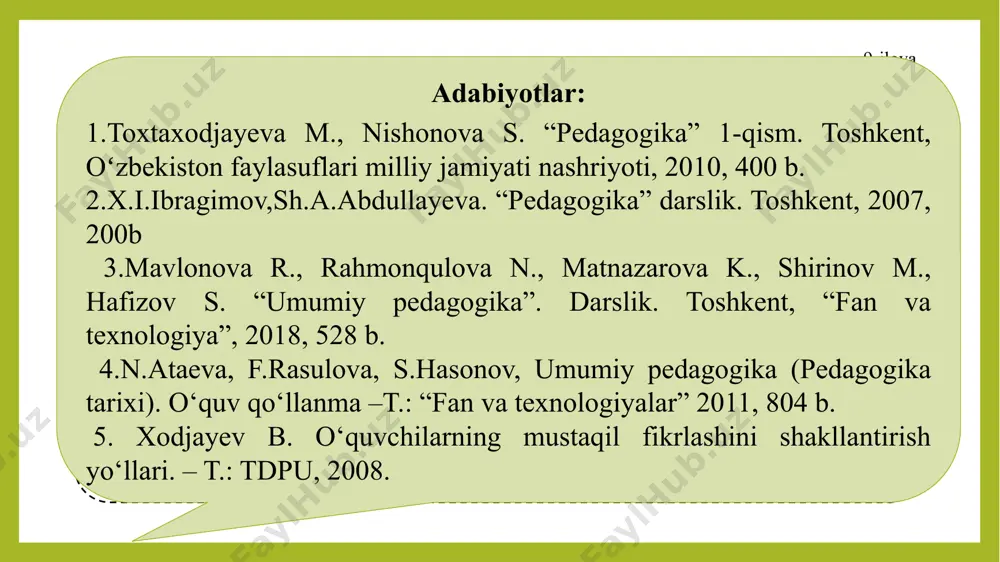 liyotining rivojlanganligi va imkoniyatlari bilan bog’liqlikda aniqlashtiriladi; ta’lim mazmunini belgilashda ta’limning ijtimoiy ehtiyojlari va maqsadlari; ijtimoiy va ilmiy-texnik taraqqiyot sur’ati; o'quvchilarning yoshi imkoniyatlari; ta’lim nazariyasi va amaliyotining rivojlanish darajasiga asoslaniladi; ta’limning sifati avvalgi bosqich mahsuldorligi va hozirgi bosqichda erishilgan natijalar; o‘rganilayotgan material xususiyati va hajmi; o'quvchilarga tashkiliy-pedagogik ta’sir ko'rsatish: o'quvchilarning bilim olishga qobiliyatlari va ta’lim vaqtiga bog’liq; ta’lim metodlari samaradorligi ta’lim maqsadiga; o'quvchilarning yoshi, ta’lim olish imkoniyatlariga; ta’lim muassasasining moddiy-texnik ta’minotiga bog’liq; ta’limni boshqarish samaradorligi ta’lim tizimida qayta aloqalarning intensivligi va korrektsiyaga, ta’sir ko'rsatishning asoslanganligiga bog’liq; ta’limda rag‘batlantirish samaradorligi ichki va tashqi stimullarning o'zaro uyg'unligiga bogiiq. ta’lim tamoyillari о‘qitish asosida yotadigan, ta’lim va uni tashkil etish jarayonini tashkil etish mazmuni, shakl, metod va vositalarini tanlanishini belgilaydigan boshlang‘ich asoslardir. ta’lim tamoyillarini shartli ravishda ikki guruhga ajratish mumkin: ta’limning mazmunga aloqador va tashkiliy-metodik tamoyillari. ta’lim tamoyillarini shartli ravishda ikki guruhga ajratish. ta’lim mazmuniga aloqador tamoyillarga quyidagilar kiradi: -insonparvarlashtirish; -tabiat bilan uyg’unlik; madaniyat …