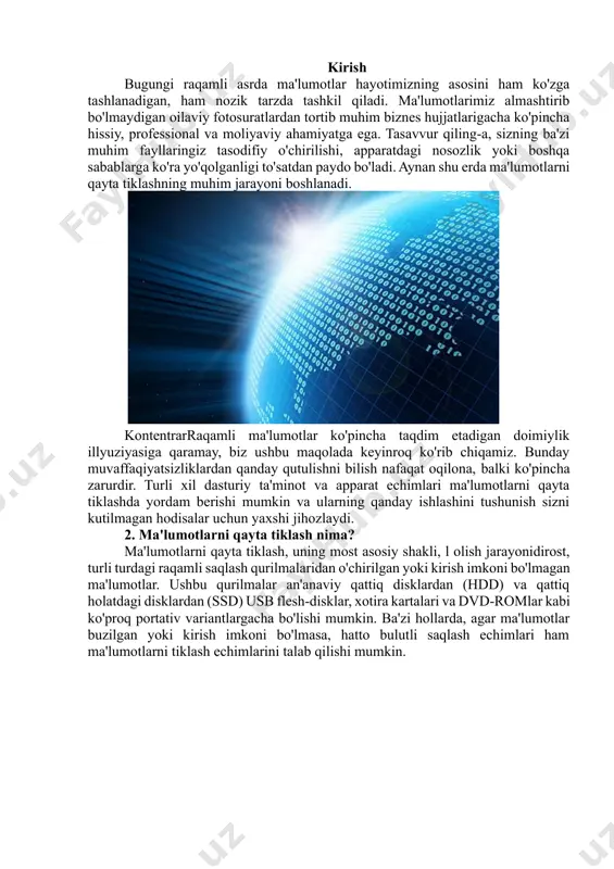 ngizga qarab yuqori darajada ixtisoslashgan qiladi. 2.2 saqlash qurilmalari ma'lumotlar odatda hdd va ssd kabi jismoniy qurilmalarda saqlanadi, lekin ular tarmoqqa ulangan saqlash (nas) tizimlarida yoki hatto virtual bulut serverlarida ham mavjud bo'lishi mumkin. tegishli ma'lumotlarni qayta tiklash texnikasini tanlashda tegishli saqlash turini tushunish juda muhimdir. masalan, ssd-lar nand-ga asoslangan flesh-xotiradan foydalanadi, bu esa hdd-lardagi magnit xotiraga nisbatan turli xil tiklash yondashuvlarini talab qiladi. 2.3 murakkablik darajalari ma'lumotlarni qayta tiklash hamma uchun mos keladigan protsedura emas. bu axlat qutisidan faylni tiklash kabi oddiy yoki maxsus dasturiy ta'minot orqali buzilgan ma'lumotlarni qayta tiklash kabi murakkab bo'lishi mumkin. ma'lumotlarni qayta tiklash bilan bog'liq murakkablik darajasi ko'pincha ko'plab omillarga bog'liq. quyida most muhimlari: 1. oddiy inson xatosidan mexanik nosozlik yoki hatto kiberhujumlargacha bo'lgan ma'lumotlarning yo'qolishi sababi. 2. fayl formati. turli formatlar, tasvirlar va turli ob'ektlarga ega bo'lgan murakkab word hujjatiga qaraganda oddiy oddiy matn faylini tiklash ancha oson. 3. fayl tizimi. fayl tizimi …