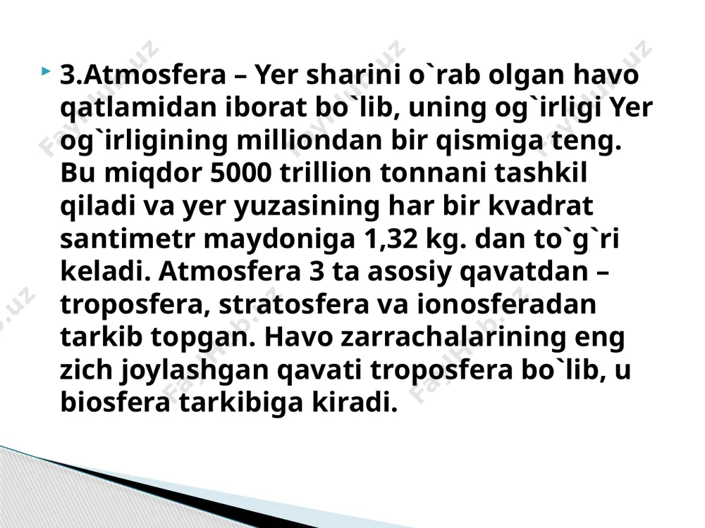 insonlar sog'lig'ining yomonlashuvi, binolar, tarixiy obidalarning yemirilishi, o'simlik va hayvonlarning nobud bo'lishi va boshqa hodisalar katta iqtisodiy zarar etkazadi. faqatgina aqshda havoning ifloslanishi inson sog'lig'iga etkazilgan ziyonni hisobga olmaganida, yiliga 30 mlrd. dollardan ortiq moddiy zarar yetkazadi. atmosfera havosi o'z o'zini tozalash xususiyatiga ega. lekin uning bu imkoniyati cheklangan. dunyo bo'yicha 500 mln.dan ortiq avtomobil har kuni havoga yuz minglab tonna zararli birikmalar chiqaradi. avtomobil tutunida 200 dan ortiq zararli birikmalar, shu jumladan o'pka raki va boshqa og'ir kasalliklarni keltirib chiqaruvchi birikmalar (benzapirin, qo'rg'oshin va boshqalar) mavjud. toshkent shahrida havo ifloslanishining 70 foizidan ortig'i avtotransport hissasiga to`g'ri keladi. o’zbekistonning boshqa yirik shaharlarida ham havo ifloslanishida transportning hissasi ortib bormoqda. transport harakatini tartibga solish, metro, elektr transportini rivojlantirish, yoqilg'1 sifatini yaxshilash va boshqa tadbirlar yirik shaharlar havosining ifloslanishini kamaytirishda muhim ahamiyatga ega. ekologik toza transport vositalarini yaratish shu kunning ustuvor vazifalaridan hisoblanadi. o’zbeksiton respublikasida atmosfera havosining ifloslanishi eng asosiy ekologik muammolardan …