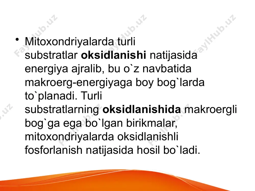 lanish imkoniyatiga ega sayyoramizning biomassa vakillari bor. ular chemotroph deyiladi. bu bakteriyalar ko'p turlarini o'z ichiga oladi. misol uchun, mikroorganizmlar tuproqda bir substrat molekulasi oksidlovchi, vodorod mavjud. jarayon formuladan iborat: 2h 2 0 2 = 2h 2 0. oksidlanish jarayonida energiya ajralib chiqadi va оz tabiatiga kоra ekzoergonik jarayon xisoblanadi. oz moxiyatiga kоra biologik oksidlanish va yonish bir xil jarayondir, chunki 1 molekula glyukozani yonishida xam, oksidlanishida xam karbonat angidridi, suv va 2780kdjg’mol energiya ajralib chiqadi: s6n6o12 + 6o2 q 6so2 + 6n2o yonishdan farqli past haroratda kechadi, alangasiz va suv ishtirokida. image3.jpeg image2.jpeg image4.jpeg image5.jpeg image1.jpeg /docprops/thumbnail.jpeg