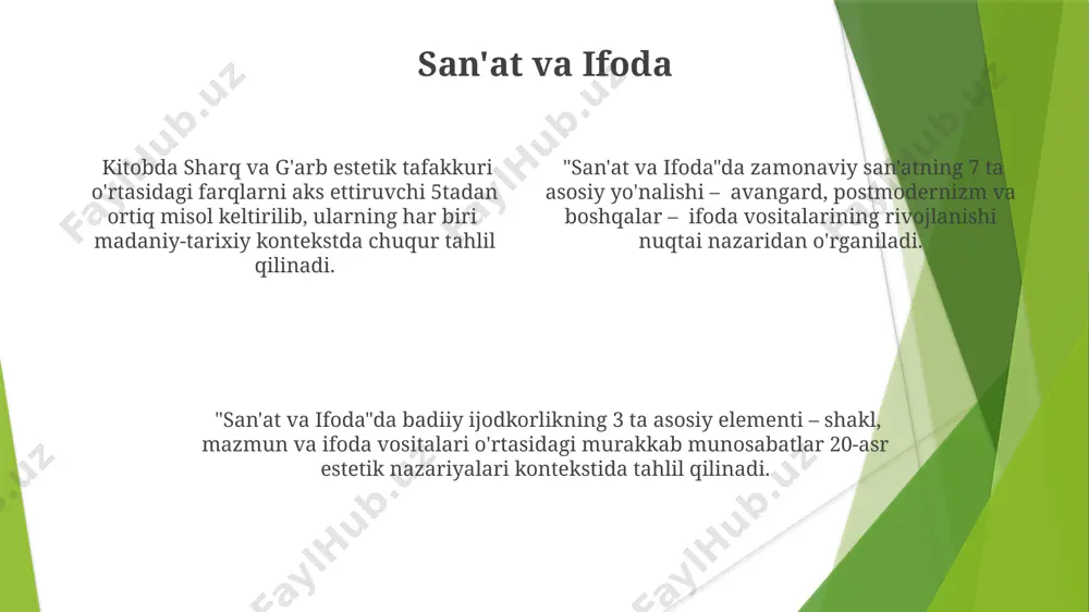 hlarida paydo bo'lgan "post-media" estetikasi raqamli texnologiyalar va virtual reallikning san'atga ta'sirini o'rganadi, yangi 3d modellashtirish va ijod usullarini qamrab oladi. bioestetika kabi yondashuvlar inson tanasi, tabiat va texnologiya o'rtasidagi munosabatlarni, 5ta tuyg'u bilan o'zaro ta'sirni o'rganadi, ekologiya masalalarini estetik nuqtai nazardan tahlil qiladi. estetika falsafiyasiga kirish go'zallik mezonlari haqida 4 ta asosiy nazariya mavjud: ob'ektiv, sub'ektiv, ifoda va ta'sir nazariyalari, ularning har biri go'zallikni tushunishga turlicha yondashadi. estetika falsafasining asosiy savollaridan biri – san'atning ijtimoiy funksiyasi, masalan, 5ta katta funksiyani – estetik, ijtimoiy, axloqiy, diniy va gnoseologik funksiyalarini o'rganish. estetika falsafasi, 20-asr boshlarida paydo bo'lgan "san'at falsafasi" degan atamadan farqli o'laroq, 3 asosiy yo'nalish – tahliliy, qit'aviy va marksist estetika –ni o'z ichiga oladi. e'tiboringiz uchun rahmat @taqdimot_robot