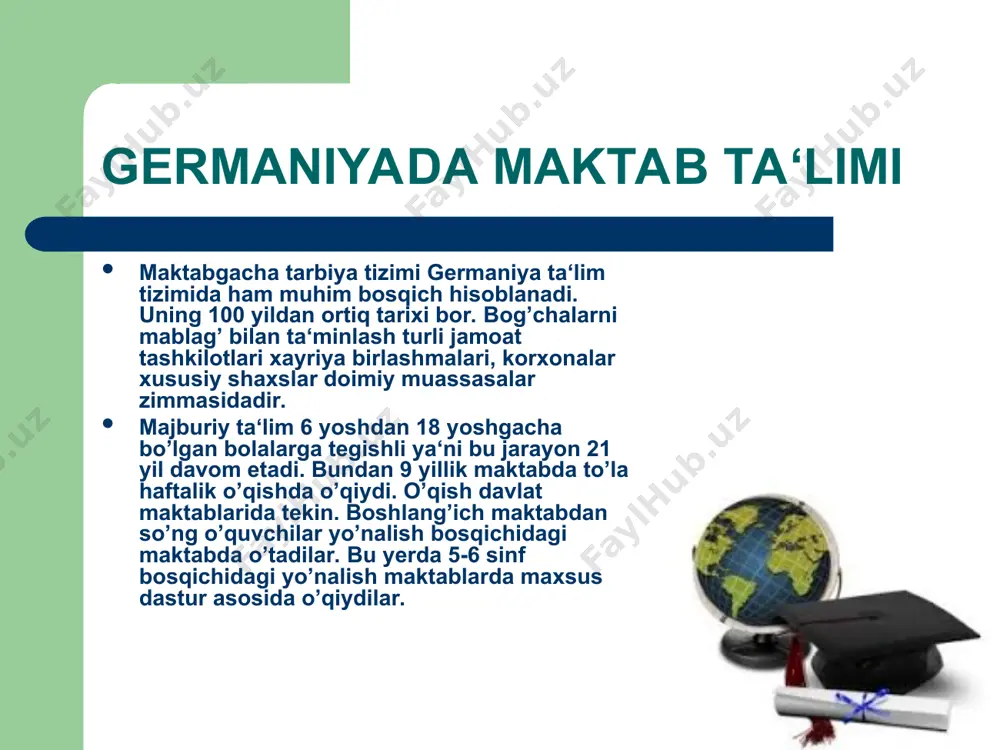ichiga oladi. v sinfdan boshlab, fakultativ soatlar o’qitiladi. viii sinfni bitirganlar (90 %) imtihonsiz litseyga kiradilar. ko’pchilik viii sinf bitiruvchilari (73 %) maxsus litseylarga (sanoat, qishloq xo’jalik, iqtisod, pedagogik, tibbiyot) yo’nalishlaridagi o’qishga kiradi. litseyning i-bosqichini bitirganlar kasb ta‘limi beruvchi kurslarda yoki maktablarda (2 yil) o’qishi mumkin. litsey ta‘limini to’la o’taganlar kasb ta‘limi maktablarida ixtisoslashgan ta‘lim oladilar.