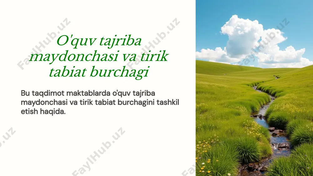 uchun zarur sharoitlarni ta'minlash. 3 qoidalar burchakka g'amxo'rlik qilish, o'simliklarni sug'orish, hayvonlarga g'amxo'rlik qilish va tozalik bo'yicha qoidalarni o'rgatish. 8 o'zaro aloqa tajriba o'quv tajriba maydonchasida o'stirilgan o'simliklarning bir qismini sinfning tirik tabiat burchagiga o'tkazish. kuzatish o'quvchilarga o'simliklarning o'sishi, hayvonlarning xulq-atvori va tabiat hodisalarini kuzatish imkonini berish. taqqoslash maydonchada va burchakda o'stirilgan o'simliklarni taqqoslash, ekologik sharoitlarning ta'sirini o'rganish. 9 yuksak natijalar 1 ekologik savodxonlik o'quvchilar tabiatga bo'lgan munosabatini, ekologik savodxonligini oshiradi. 2 amaliy bilimlar o'quvchilar tabiat haqida amaliy bilimlarni oladi, o'simliklar va hayvonlarga g'amxo'rlik qilishni o'rganadi. 3 ekologik muammolar o'quvchilar ekologik muammolarga bo'lgan qiziqishini oshiradi, ularni hal qilishga hissa qo'shadi. 10 natijalar va xulosa: o'quv tajriba maydonchasi va tirik tabiat burchagini tashkil etish o'quvchilarning ekologik savodxonligini oshirishda muhim rol o'ynaydi. bu o'quvchilarga tabiat bilan yaqin aloqada bo'lish, ekologik muammolarni hal qilishga hissa qo'shish va barqaror rivojlanishga yo'naltirilgan jamiyatni shakllantirishga yordam beradi. 11 eʼtiboringiz uchun rahmat! image3.jpeg image1.png image2.png image4.png image5.png …
