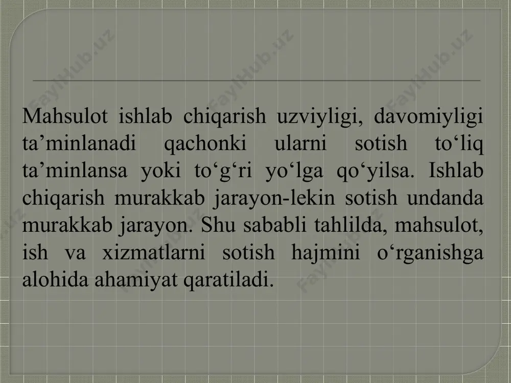‘lgan ma’lumotlar bilan ta’minlash; - savdoda daromad keltiruvchi tovarlar (ularning turi va tarkibini kengaytirish), yo‘qotishlarga olib kelayotgan tovarlarni (ularni ishlab chiqarishni qisqartirish va to‘xtatish) aniqlash; - korxona (marketing, sotish) bo‘limlari faoliyat samaradorligini baholash; - bozorni segmentlarga mos ravishda ajratish; - oqilona marketing siyosatini yuritish. agar tahlil obyekti bo‘yicha bitta hal qilinmagan muammo mavjud bo‘lsa siz albatta savdoni tahlil qilishingiz lozim. tahlil etishda sotilgan mahsulot hajmining umumiy o‘zgarishlariga, dinamikasiga, sotilgan mahsulotlar tarkibiga, sotish hajmining o‘zgarishiga ta’sir etuvchi omillarga, eksport hajmiga muhim ahamiyat beriladi. sotish hajmining tahlili sotish tahlilida sotilgan mahsulot, ish va xizmatlar yuzasidan shartnoma majburiyatlarining bajarilishiga a’lohida urg‘u beriladi. bu bevosita shartmonaviy munosabatlarni, to‘lovlarni qonunchilik normalariga mosligini ta’minlashga, turli yo‘qotishlarni oldini olishga imkon beradi. ko‘rsatkichlar biznes reja bo‘yicha haqiqatda 1 2 3 1. sotilgan mahsulot hajmi, ming so‘mda 480600 491834 2. shartnomaviy majburiyatlarga nisbatan yetkazib berilmagan mahsulot hajmi, ming so‘mda x 22600 3.rejadan ortiqcha sotilgan mahsulot hajmi, mln so‘m 11234 …