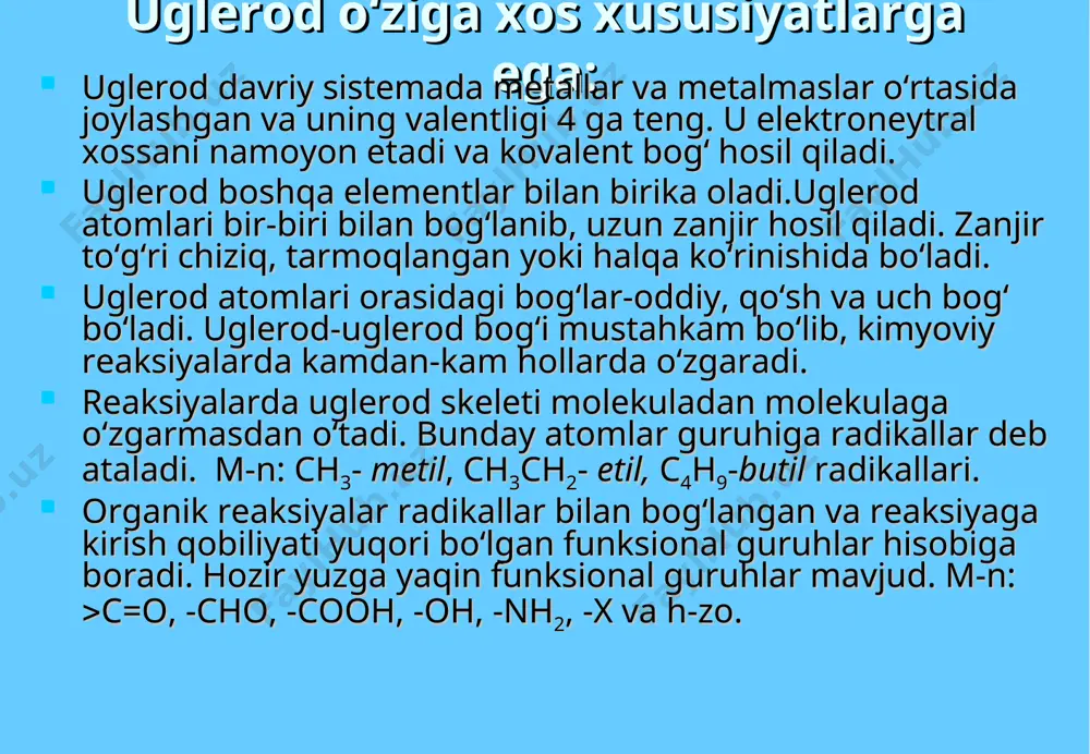 irtlarning qaynash haroratini 180c ga oshiradi deb hisobladi. 1844-45 yillarda gomologiya barcha organik moddalar uchun umumiy qonuniyat ekanligini jerar aniqladi. organik kimyo nazariy tushunchalarini rivojlanishi jerarning tiplar nazariyasi: 1852 yili jerar o`zining "organik kislota angidridlari haqida" maqolasida tiplar nazariyasini e`lon kildi. "organik moddalar 3 yoki 4 tiplarga bo`linishi mumkin", - deb yozgan edi jerar. 1854 yili a. kekule jerarning h2o tipiga o`hshatib h2s tipini taklif etdi. odlingdan keyin kekule "botqoqlik gazi" (ch4) tipini taklif etdi. 1857-58 yillarda asosiy va qo`shimcha tiplarni yaratib ularning farqini ko`rsatdi: a) asosiy tip hh nh3 h2o b) qo`shimcha tip hcl ph3 h2s сh3 сh3 сh3 сh3 organik birikmalarning tuzilish nazariyasi 1861 yili nemis tabiatshunoslarining s`ezdida kekule o`zining fandagi tiplar nazariyasidan voz kechadi, moddalarning emperik formulalarga o`tish yo`li bilan ular tarkibini aniqlash mumkinligini e`lon qildi. a. kuper (1831-1892 yy.) "yangi kimyoviy tuzilish haqida" maqolasi bilan chiqib, element valentligi uning kimyoviy tabiatini belgilaydigan muhim xossasidir deb yozadi. …
