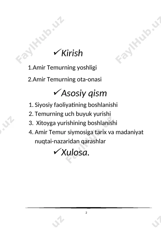 takina xotun buxorolik. otasi amir taragʻoy esa barlos urugʻining oqsoqollaridan hamda chigʻatoy ulusining eʼtiborli beklaridan hisoblangan. uning ajdodlari kesh viloyatida hokimlik qilishgan. shu bois amir temurning otasi amir taragʻoy ham yilda bir marotaba ili daryosi boʻyida xon tomonidan chaqiriladigan el-yurt beklarining qurultoyiga taklif etilar va u bunday yigʻinlarda muttasil qatnashar edi. shu bilan birga u, sharafuddin ali yazdiyning taʼkidlashiga koʻra, "ulamo va sulaho va muttaqiylargʻa mushfiq va mehribon erdi va bularning majlisiga borur erdi...". taragʻoybek piri shamsuddin kulolni ayniqsa chuqur ehtirom qilgan. keyinchalik shayx kulol amir temurning ham piri boʻlgan. taragʻoybek 1360 yilda vafot etgan. · asosiy qism 1.siyosiy faoliyatining boshlanishi amir temur oʻzining ilk harbiy faoliyatini qoʻl ostidagi navkarlari bilan ayrim viloyat amirlariga xizmat qilishdan boshlagan; ularning oʻzaro kurashlarida qatnashib, jasorat koʻrsatgan, janglarda chiniqqan, harbiy mahoratini oshirgan. dongʻi butun qashqadaryo vohasiga yoyilgan. amir temurning aqlu zakovati, shijoati va shuhrati uni movarounnahrning nufuzli amirlaridanamir xizr yasovuriy va amir qazagʻon bilan …