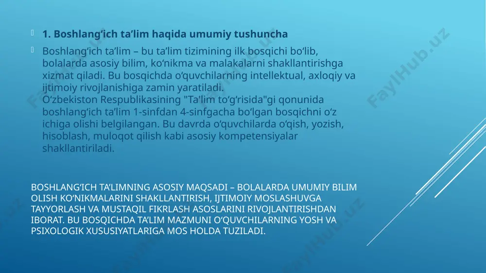daniyatini shakllantirish. shu boisdan, zamonaviy boshlang‘ich ta’lim tizimi o‘qituvchisidan faqat bilim beruvchi emas, balki o‘quvchi bilan hamkorlik qiluvchi, ularni faoliyatga undovchi, zamonaviy metodlarni puxta egallagan pedagog bo‘lishi talab etiladi. interfaol metodlardan oqilona foydalanish – bugungi ta’limda sifat, samaradorlik va natijadorlik garovidir. xulosa bugungi kunda ta’lim tizimida yuz berayotgan islohotlar va innovatsion yondashuvlar, ayniqsa, boshlang‘ich ta’lim bosqichiga zamonaviy metodlarning joriy etilishini taqozo qilmoqda. shu nuqtayi nazardan qaralganda, interfaol o‘qitish metodlari – ta’lim jarayonining sifatini oshirishda, o‘quvchilar shaxsini har tomonlama rivojlantirishda muhim vositaga aylangan.interfaol metodlar darslarni jonlantirib, o‘quvchining bilim olishga bo‘lgan ishtiyoqini kuchaytiradi, ularni mustaqil fikrlash, muammoli vaziyatlarda to‘g‘ri qaror qabul qilish va jamoa bilan ishlashga o‘rgatadi. ayniqsa, yosh bolalarning o‘quv faoliyatini faollashtirishda o‘yin, savol-javob, muhokama, guruhiy ish kabi usullarning o‘rni beqiyosdir. image1.png image2.png image3.png image4.png image5.png /docprops/thumbnail.jpeg