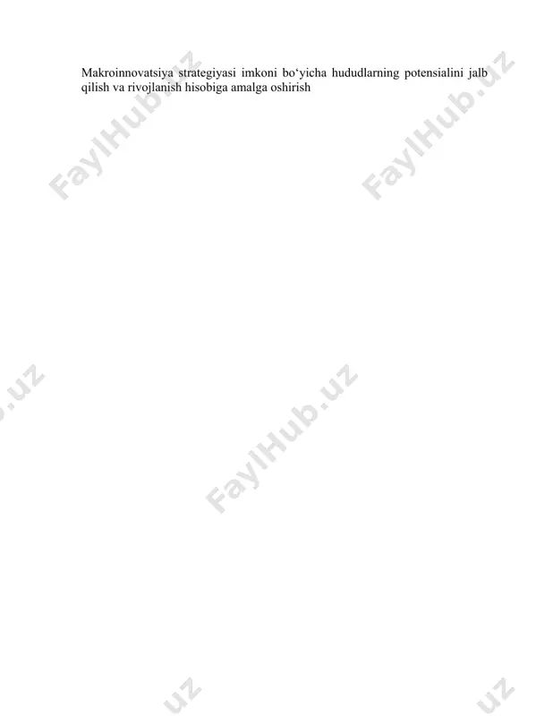 lab chiqarish, texnologik ishlab chiqarish hududning iyerarxiya darajasi respublika, viloyat, tuman, shahar hududning ilmiy – texnikaviy rivojlanish darajasi yuksak rivojlanish, o‘rta rivojlanish, kuchsiz rivojlanish. 14-jadval hududiy ilmiy-texnikaviy rivojlanish pog‘analari hududiy ilmiy-texnikaviy rivojlanish darajasi ilmiy-texnikaviy komplekslari funksiyasi yuqori ekologik toza ishlab chiqarishni yaratish, hududiy ekologik vaziyatni yaxshilash. amal qilayotgan ishlab chiqarishning texnologik apparatlarini zamonaviylashtirish, ishlab chiqarish jarayonlarini avtomatlashtirish, odam ishtirok etmaydigan texnologiyalarni yaratish, hududiy yuqori sifatli mahsulotlarni jahon bozoriga yetkazib beruvchi hududga aylantirish, ilmiy yangiliklar asosida mahsulotlar ishlab chiqarishni o‘zlashtirish o‘rta hududda ilm va ta’lim sohalari rivojlanishi, yetakchi texnologiyalardan foydalanishni o‘zlashtirish. hududlardagi yuqori saviyadagi ishlab chiqarishni joriy qilish, texnologik turdagi buyum ishlab chiqarishni yo‘lga qo‘yish. hududiy xususiyatlardan foydalanish +uyi hududdagi tabiiy xususiyatlardan foydalanish, malakali kadrlarning oqib kelishiga turtki bo‘ladigan ishlab chiqarishni yaratish. boshqa hududdagi yirik korxonalarning faoliyati bilan ishlab chiqarish – texnik maqsadlarga mo‘ljallangan mahsulotlar ishlab chiqaruvchi korxonalarini tashkil etish. malaka va ma’lumot oshirish, o‘qitish faoliyatini rivojlantirish. litsenziya va patent sotib …