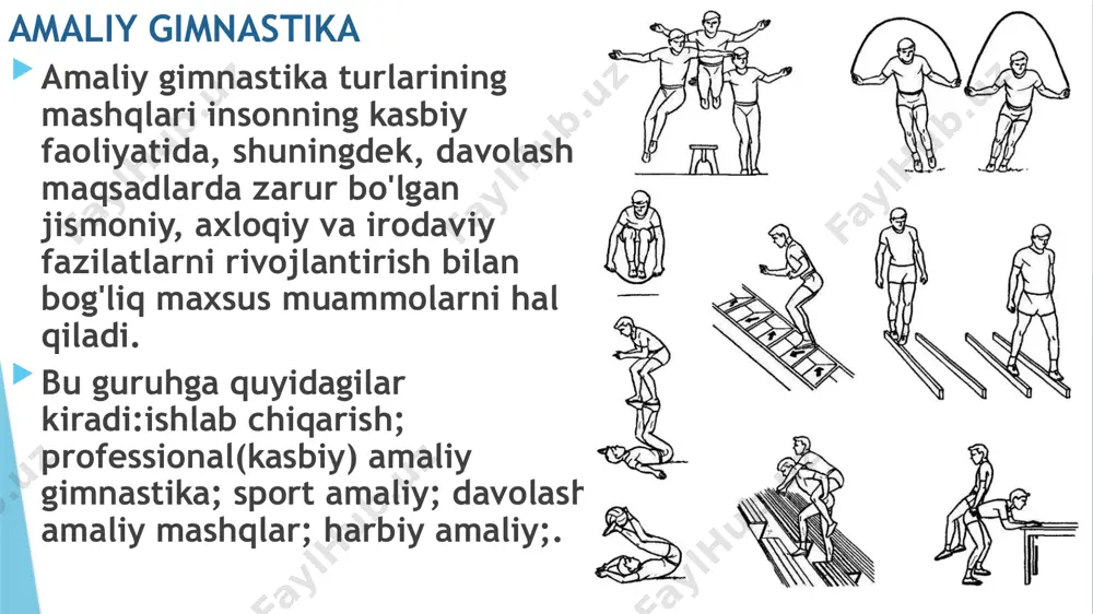 ish uchun zarur bo'lgan ko'nikmalarni shakllantirish va maxsus fazilatlarni rivojlantirishga yordam beradi. gimnastikaning bu turi chaqiruv yoshidagi yigitlar bilan ishlashda va harbiy ta’lim muassasalari o‘quvchilarining jismoniy tarbiya tizimida qo‘llaniladi. harbiy amaliy gimnastika mashqlarini o'rganish ochiq joylarda amalga oshiriladi. vaqt meyorlarini xisobga olib, turli to'siqlarni engib o'tish harbiy amaliy gimnastikada katta rol o'ynaydi. ixtisoslashgan — amaliy gimnastika ixtisoslashgan amaliy gimnastika — shug‘ullanuvchilarning umumiy jismoniy rivojlanishiga va ularning o‘z ixtisoslariga xos mehnat harakatlarini tezroq o‘zlashtirishga mo‘ljallangan. ixtisoslashgan amaliy gimnastika jismoniy tayyorgarlikning tarkibiy qismi hisoblanadi. ixtisoslashgan amaliy tayyorgarlik, asosan, turli kasbdagi ishchilarni tayyorlaydigan ixtisoslashgan texnika bilim yurtlarida, shuningdek, oliy va o‘rta maxsus o‘quv yurtlarida o‘tkaziladi. bu tayyorgarlik uch qismdan iborat: 1)umumiy jismoniy tayyorgarlik, 2)ixtisoslashgan amaliy tayyorgarlik, 3)maxsus jismoniy tayyorgarlik. ixtisoslashgan — amaliy gimnastika umumiy jismoniy tayyorgarlik shug‘ullanuvchilarni har tomonlama, garmonik rivojlantirish va sog‘lomlashtirishga qaratilgan. bu tayyorgarlik turli sport turlari mashg‘ulotlarini: yengil atletika, chang‘i, suzish sporti va hokazolarni o‘z ichiga oladi. bu tayyorgarlikda, ayniqsa, …