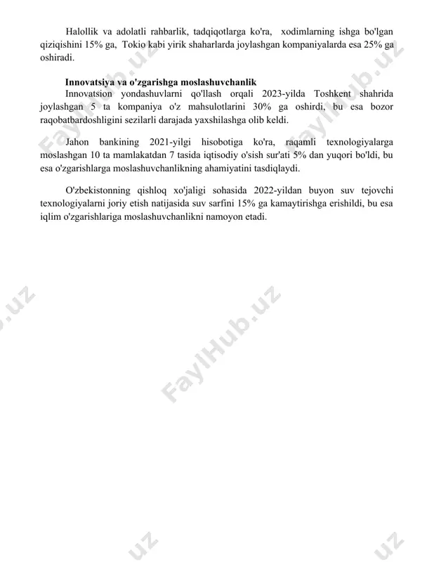 ga, tokio kabi yirik shaharlarda joylashgan kompaniyalarda esa 25% ga oshiradi. innovatsiya va o'zgarishga moslashuvchanlik innovatsion yondashuvlarni qo'llash orqali 2023-yilda toshkent shahrida joylashgan 5 ta kompaniya o'z mahsulotlarini 30% ga oshirdi, bu esa bozor raqobatbardoshligini sezilarli darajada yaxshilashga olib keldi. jahon bankining 2021-yilgi hisobotiga ko'ra, raqamli texnologiyalarga moslashgan 10 ta mamlakatdan 7 tasida iqtisodiy o'sish sur'ati 5% dan yuqori bo'ldi, bu esa o'zgarishlarga moslashuvchanlikning ahamiyatini tasdiqlaydi. o'zbekistonning qishloq xo'jaligi sohasida 2022-yildan buyon suv tejovchi texnologiyalarni joriy etish natijasida suv sarfini 15% ga kamaytirishga erishildi, bu esa iqlim o'zgarishlariga moslashuvchanlikni namoyon etadi. 📌xulosa кучли раҳбарлик сифатлари – бу жамоавий ишга бўлган садоқат, аниқ вазифаларни белгилаш, муаммоларни самарали ҳал этиш, ижодий фикрлаш ва доимий ўзини ривожлантиришдир. бу сифатлар муваффақиятга эришиш ва жамоани юксалтиришда муҳим аҳамиятга эга. 📚foydalanilgan adabiyotlar 1. northouse, p. g. (2019). leadership: theory and practice. sage publications. 2. yukl, g. (2012). leadership in organizations. pearson education. 3. bass, b. m., …