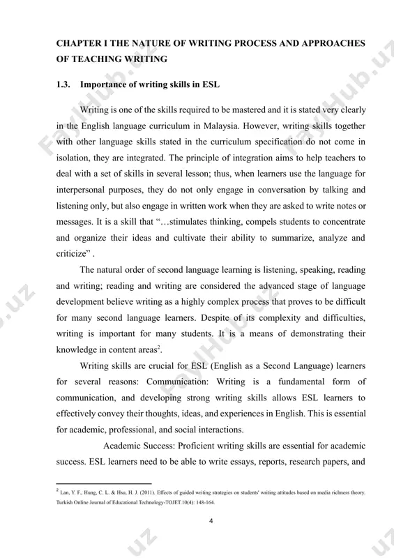 ng esl writing involves various strategies and approaches to help learners develop their skills. some effective methods include: process writing: this approach focuses on the multiple stages of writing, including prewriting, drafting, revising, editing, and publishing. it encourages esl learners to engage in brainstorming, organizing their ideas, and revising their work to improve clarity and coherence. writing workshops: providing opportunities for peer feedback and collaboration can be beneficial for esl learners. writing workshops allow students to share their work, receive constructive criticism, and learn from each other's writing styles. genre-based instruction: teaching different types of writing genres (such as narratives, descriptive essays, argumentative essays, etc.) helps esl learners understand the specific features and structures of each genre, enabling them to effectively produce various types of written texts. vocabulary and grammar instruction: integrating vocabulary and grammar instruction into writing lessons is essential for esl learners. teachers can provide targeted vocabulary and …