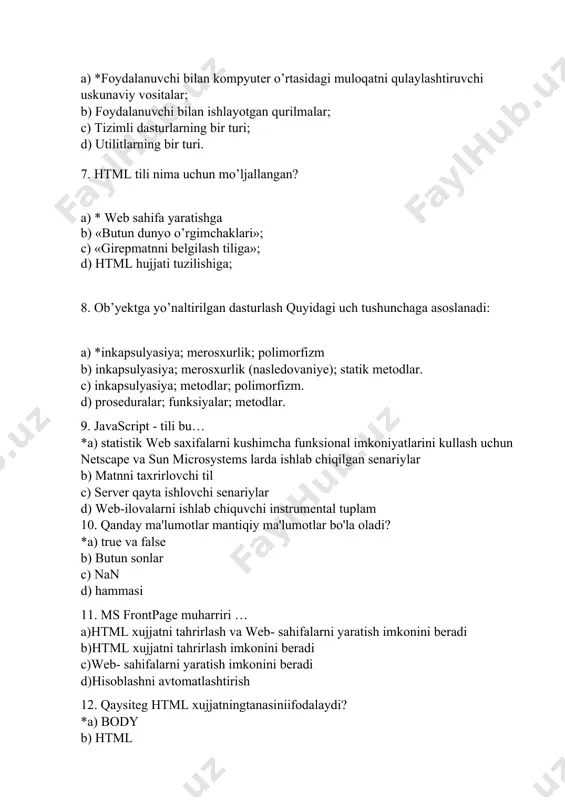 lovchi til c) server qayta ishlovchi senariylar d) web-ilovalarni ishlab chiquvchi instrumental tuplam 10. qanday ma'lumotlar mantiqiy ma'lumotlar bo'la oladi? *a) true va false b) butun sonlar c) nan d) hammasi 11. ms frontpage muharriri … a)html xujjatni tahrirlash va web- sahifalarni yaratish imkonini beradi b)html xujjatni tahrirlash imkonini beradi c)web- sahifalarni yaratish imkonini beradi d)hisoblashni avtomatlashtirish 12. qaysiteg html xujjatningtanasiniifodalaydi? *a) body b) html c) head d) title 13. qaysiteg world wide web daxujjatninomlashuchunishlatiladi? *a) title b) meta c) head d) html 14. qaysi teg xujjatni stilini ifodalash uchun ishlatiladi? *a) style b) head c) isindex d) body 15. qaysiteg html xujjatniifodalaydi? *a) html b) body c) meta d) isindex
