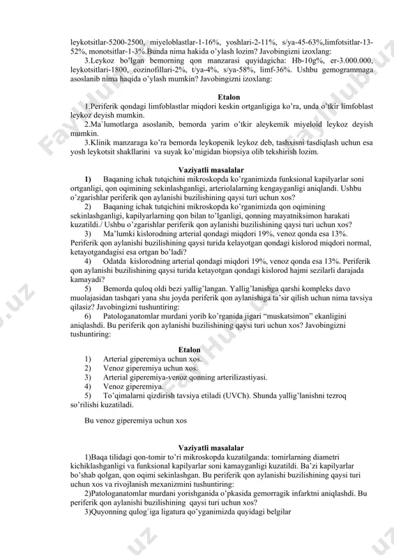 ini aniqlang (bo’larni me`yoriy holat hisoblab) 4. bolaning oq qonini tekshirganda quyidagi manzara aniqlandi: leykotsitlar-14000, yoshlari-1%, tayoqchayadrolilar-3%, segmentyadrolilar-59%, eozinofillar-31%. bolaning yoshini aniqlang (bo’larni me`yoriy holat hisoblab) 5.sog`lom katta odamning oq qonini tekshirganda quyidagi manzara aniqlandi: leykotsitlar-12000, yoshlari-1%, tayoqchayadrolilar-66%,segmentyadrolilar-6%, eozinofillar-2%, bazofillar-0,monotsit-6%, limfotsitlar-19%.ushbu ma`lumotlar me`yorga mosmi? javobingizni tushuntiring: 6.yangi tug`ilgan chaqoloqlardagi neytrofil giperleykotsitozni nima bilan izohlash mumkin? etalon 1.bunday morfologik ko’rsatkichlar neytrofillar uchun xos. ular umumiy miqdorining ortishi – neytrofiliya, regenerativ chapga siljish , bu yosh va tayoqcha yadrolilar foizining ortishiga olib keladi. 2.bunday leykotsitar formula sog`lom bir yoshli bolaga xos. 3. bunday leykotsitar formula 5 yoshli bolaga xos. 4. keltirilgan leykotsitar formula ko’proq yangi tug`ilgan chaqaloqlarda kuzatiladi. 5.bunday hollarda leykotsitoz kuzatiladi, regenerativ chapga siljishi bilan neytrofiliya, limfopeniya. 6.ko’pchilik olimlar yangi tug`ilgan chaqaloqlarda neytrofilli giperleykotsitozni ona organizmidan bolaga platsentar qondan va sut orqali gormonlarning o’tishi bilan tushuntirishadi. vaziyatli masalalar 1.quyidagi leykotsitar formula qanday kasallik uchun xos? periferik qondagi leykotsitlar miqdori 1mm3da 14000,bazofillar-1%, …