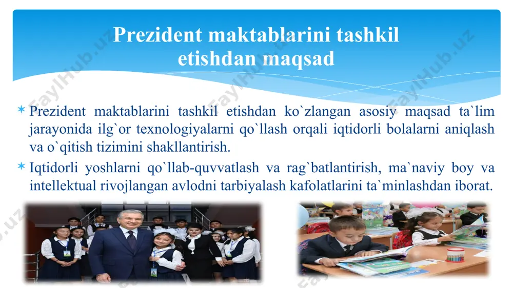 sadimiz «millatning xalqaro olimpiadalarda, tanlovlarda g‘olib bo‘ladigan va dunyoning eng yaxshi oliy o‘quv yurtlariga kira oladigan kelajakdagi yetakchilarini, o‘quvchilarini tayyorlash. biz jahon maydonida raqobatbardosh bo‘la oladigan yetakchilarni tarbiyalaymiz». 7 maqsadimiz «millatning xalqaro olimpiadalarda, tanlovlarda g‘olib bo‘ladigan va dunyoning eng yaxshi oliy o‘quv yurtlariga kira oladigan kelajakdagi yetakchilarini, o‘quvchilarini tayyorlash. biz jahon maydonida raqobatbardosh bo‘la oladigan yetakchilarni tarbiyalaymiz». zamonaviy maktab 3% 50% 2019 2020 2021 2025 2030 20% 9 2021 yilgacha barcha maktablarda isitish tizimlari to‘liq ishlaydi 2025 yilgacha barcha maktablarda toza ichimlik suv bilan ta’minlanadi 2019 yil: 506 ta; 33 ta yangi qurilish; 299 ta rekonstruksiya; 174 ta kapital tamir maktablarni keng polasali internet tarmog‘iga ulash ta’lim boshqaruvi axborot tizimining (open emis) umumta’lim maktablariga joriy etilishi zamonaviy kompyuterlar bilan ta’minlash va eskirgan kompyuterlarni yangilash axborot-kommunikatsiya texnologiyalari va innovatsion loyihalarni joriy etish maktabdan tashqari ta’limning zamonaviy usullari va yo‘nalishlarini joriy etish robototexnika o‘quvchilarni san’at yo‘nalishidagi to‘garaklarga jalb etish o‘quvchilarni muntazam sport …