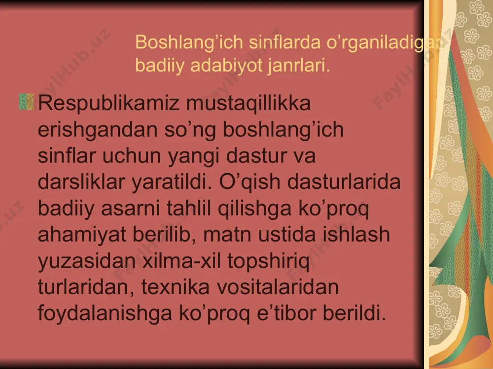 g hikoyasi badiiy asar matni ustida ishlash badiiy asar ustida ishlashning 2-bosqichi tahlil qilishdir. bu bosqichning vazifasi: syujet rivojining sabab natija bog’lanishini belgilash, ishtirok etish shaxslarning xulq-atvorini va asosiy xususiyatlarini aniqlash, asar kompozisiyasini ochishdir. tahlil jarayonida matn ustida ishlashning quyidagi turlaridan foydalaniladi. tanlab o’qish. bunda o’quvchi matnning berilgan vazifaga mos qismini o’qiydi. vazifa asarning faktik mazmunini oydinlashtirish, sabab-natija bog’lanishini belgilash, badiiy xususiyatini ochish, o’qilgan matnga o’z shaxsiy munosabatini ifodalashdan iborat bo’lishi mumkin. 4-sinfda “tabiatdagi o’zgarishlar berilgan qismlarini topib o’qing (oltin kuz)”, “taqachining nasihati”ni o’qing. asar rejasini tuzish. reja matn mazmunini ongli va chuqur tushunishga, asosiy fikrni ajratishda, voqealarning izchilligini belgilashda, matn qismlarining o’zaro bog’lanishini tushunishda o’quvchilarga yordam beradi. reja ustida ishlash o’quvchilar nutqi va tafakkurini o’stiradi. ular matnni mazmunan tugallangan qismlarga bo’lishga va har bir qismning asosini topishga o’rganadilar. reja tuzishga tayyorgarlik ishlari savod o’rgatish davridayoq boshlanadi. tayyorgarlik mashqining eng oddiy turi berilgan sarlavhalardan kichik matn mazmuniga mosini topib qo’yish …