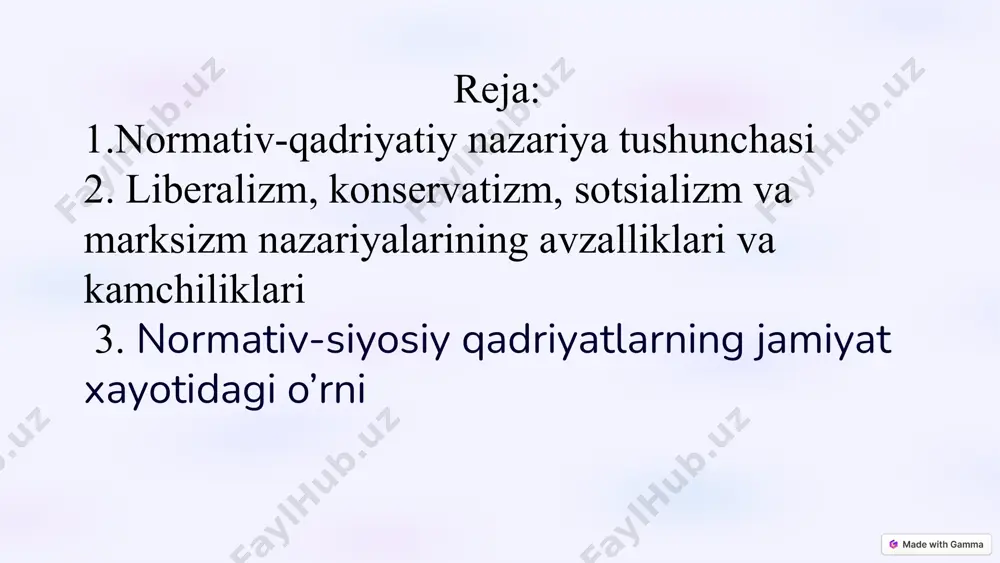 etishga va individualizm g'oyasining rivojlanishiga olib kelgan. 3 xix asrda liberalizm, konservatizm va sotsializm kabi asosiy siyosiy nazariyalar shakllangan. ular jamiyatning rivojlanishiga, inson huquqlari va erkinliklariga, davlatning roli va ijtimoiy adolatga oid turli nuqtai nazarlarni ilgari surgan. 5 liberalizm nazariyasining avzalliklari va kamchiliklari avzalliklari liberalizm shaxsning huquqlari va erkinliklarini yuqori darajada qadrlaydi, bozor iqtisodiyoti va demokratik boshqaruvni qo'llab-quvvatlaydi. bu g'oya insonning o'z hayotini tanlash erkinligi va o'ziga xos qadriyatlarini himoya qilishga imkon beradi. kamchiliklari ba'zi tanqidchilar liberalizm individualizmni oshirib yuborishi va ijtimoiy mas'uliyatsizlikka olib kelishi mumkinligini ta'kidlaydi. shuningdek, individualizmning haddan tashqari rivojlanishi ijtimoiy adolatsizlikka olib kelishi mumkin. 6 konservatizm nazariyasining avzalliklari va kamchiliklari avzalliklari konservatizm an'analar, oilalar va jamiyatning barqarorligini himoya qiladi. u qonunlar va tartibga rioya qilishni ta'kidlaydi va jamiyatni o'zgartirishlarga ehtiyotkorlik bilan yondashishni targ'ib qiladi. kamchiliklari ba'zi tanqidchilar konservatizm ijtimoiy o'zgarishlarga qarshilik ko'rsatish, taraqqiyotni sekinlashtirish va tengsizlikni saqlab qolishga olib kelishi mumkinligini ta'kidlaydi. 7 sotsializm nazariyasining avzalliklari va …