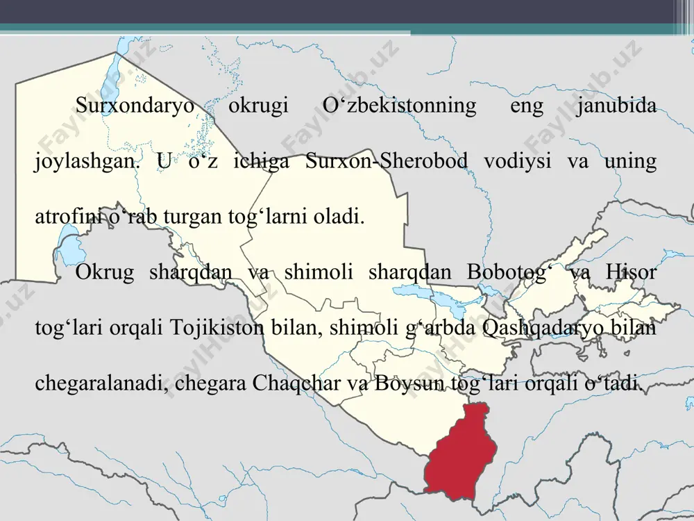 cho‘zilgan bo‘lib, shu yo‘nalishda pasayib boradi. shakliga ko‘ra vodiy uchburchakka o‘xshash. uning janubi-g‘arbiy qismi keng bo‘lib, 110—115 km ga, shimoli sharqi tor bo‘lib, 15—20 km ga teng. okrugda qazilma boyliklardan neft va gaz, ko‘mir, polimetall, alumin rudasi, giðs, tuz, har xil qurilish material konlari mavjud. neft va gaz, asosan, lalmikor, ko‘kaydi, xovdog‘dan, toshko‘mir sharg‘undan qazib olinadi. sariosiyoda polimetall rudasi, aluminiy rudasi, giðs, ohak konlari bor. o‘zbekistondagi eng katta xo‘jaikon tuz koni shu okrugda joylashgan. surxondaryo janubida tarkibida har xil erigan moddalar saqlovchi bir necha mineral suvlar topilgan. ularning eng muhimi jayronxona mineral suvi hisoblanadi (41- rasm).