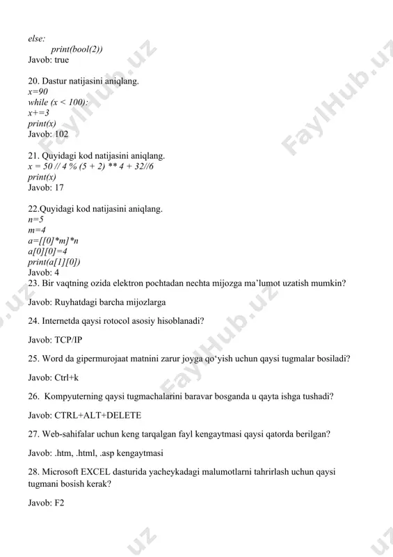 ng qiymatini toping javob: rost 100. 63238 va ab616 sonlar ayirmasini hisoblang. natijani ikkilik sanoq sistemasida tasvirlang javob: 10111100010012 1. ms wordda belgilarni avtomatik almashtirish qanday bajariadi? –glavnaya-zamenit buyrug’i orqali 2. kompyuter diskda yoki ixtiyoriy axborot tashuvchida joylashgan “.doc” kengaytmali faylga sichqonchani chap tugmasini ikki marta bosilsa qanday jarayon sodir bo’ladi?- microsoft word dasturi ishga tushiriladiva unga tanlangan hujjat yuklanadi. 3. f mulohaza uchun rostlik jadvali berilgan: k l m n o p f 0 1 0 0 1 1 1 1 1 0 1 0 1 1 0 0 1 0 1 0 0 1 1 0 1 0 1 1 f mulohaza uchun quyudagilardan qaysi biri mos keladi?- (k and l) or (m and n) or (o and p) 4.algoritm. quyudagi ax2+bx+c=0 ko’rinishdagi kvadrat tenglamaning yechimlarini topish algoritmiga mos blok-sxema berilgan. a=1, b=-2023, c=2022 bo’lsa, tenglama yechimini toping. ha yo’q ha yo’q ha javob: x1=1, x2=2022 5.ms excel. …