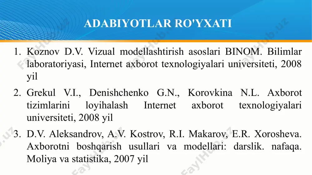 iqligi) ba'zan juda muhim, chunki ma'lumotlar bazasini ishlab chiqish kompaniyalarining tijorat manfaatlari ma'lumotlar bazasi talablariga zid keladi. axborot xizmatlari bozori). ma'lumotlar modellari ma'lumotlar modellari 6 ma'lumotlar modeli foydalanuvchining ma'lumotlar va ularni qayta ishlash natijalari haqidagi tushunchasini ma'lum bir tushunish darajasiga etkazishni talab qiladi, bu foydalanuvchini ma'lumotlar bilan ishlash usullari va vositalariga o'rgatish zaruratini keltirib chiqarishi mumkin. ma'lumotlar modeli tushunchasi axborot tizimlari fanining asosiy tushunchalaridan biri bo'lib, atni dasturiy-apparat kompleksi sifatida amalga oshirish mexanizmlari ko'p jihatdan unga bog'liq. eng umumiy holatda, ma'lumotlar modeli ma'lumotlarning mantiqiy tasviri va ular ustidagi operatsiyalar to'plamidir. ma'lumotlar modeli - bu ma'lumotlarning apparat va dasturiy ta'minotdan mustaqil bo'lgan va kompyuterning ishlashi bilan bog'liq bo'lmagan o'ziga xos xususiyatlarini ifodalovchi ma'lumotlarning mantiqiy tuzilishidir. ma'lumotlar modellari ma'lumotlarni qayta ishlashda modellashtirishning bir necha jihatlari ko'rib chiqiladi: axborotni modellashtirish: kontseptual modellashtirish (predmet sohasining semantikasini modellashtirish); ma'lumotlarni mantiqiy modellashtirish; jismoniy modellashtirish: ma'lumotlarga kirish modellarini yaratish; apparat muhitida ma'lumotlarni jismoniy tashkil qilishni optimallashtirish. ma'lumotlar …