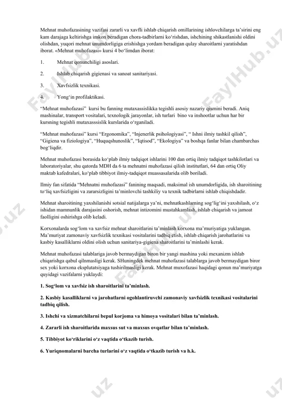 xodimlarining umumiy vazifalari ko‘rsatilgan: 1. harakat havfsizligi va tashilayotgan yuklarning butligini ta’minlagan holda yo‘lovchi va yuk tashishlariga bo‘lgan ehtiyojlarni qondirish, texnik vositalardan samarali foydalanish, atrof muhitni asrash talablariga amal qilish temir yo‘l transoporti xodimlarining asosiy vazifalari hisoblanadi. 2. temir yo‘l transportining har bir xodimi inson hayoti va salomatligi yohud harakat xavfsizligiga xavf tug‘diruvchi vaziyatlarda poyezd yoki manyovr qilayotgan tarkibga to‘xtash signalini yetkazishi va ularni to‘xtatish uchun boshqa choralarni ko‘rishi lozim. qurilma va inshootlarda harakat xavfsizligiga xavf soluvchi yoki atrof muhitning ifloslanishiga olib keluvchi nosozliklar aniqlanganida, xodim tezkorlik bilan xavfli joyni to‘sish va nosozliklarni bartaraf etish choralarini ko‘rishi kerak. 3. temir yo‘l transporti xodimlari yo‘lovchilar xavfsizligini ta’minlashlari, ular uchun kerakli qulayliklar yaratishlari, vokzal va poyezdlarda madaniyatli xizmat ko‘rsatishlari, temir yo‘l transporti xizmatlaridan foydalanuvchi barcha shaxslar bilan muloqatda xushmuomala bo‘lishlari va shu bilan birga, ulardan amaldagi temir yo‘l transporti qoidalarini bajarilishini talab qilishlari kerak. 4. temir yo‘l transportining har bir xodimi bajarayotgan …