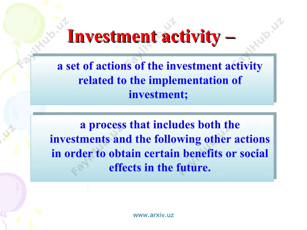 z "on guarantees and measures of protection of the rights of foreign investors" dated 30.04.1998;law of the ruz "on guarantees of freedom of enterpreneurship" dated 25.05.2000; annually accepted government investment program of uzbekistan approved by the president of uzbekistan, for example, the decree of the president of the republic of uzbekistan dated 21.11.2012№ pp-1865"on the investment program of uzbekistan for 2013";decree of the president of the republic of uzbekistan "on additional measures to stimulate the attraction of direct foreign investments" dated 11.04.2005;decree of the president of the republic of uzbekistan "on establishment of free industrial and economic zone in navoi» № up -4059 dated 02.12.2008;decree of the president of the republic of uzbekistan "on measures to improve the process of attraction and development of foreign investment and loans," pp № -927 dated 24.07.2008;decree of the president of the republic of uzbekistan № pp-1442 "program of industrial development for 2011-2015." dated …
