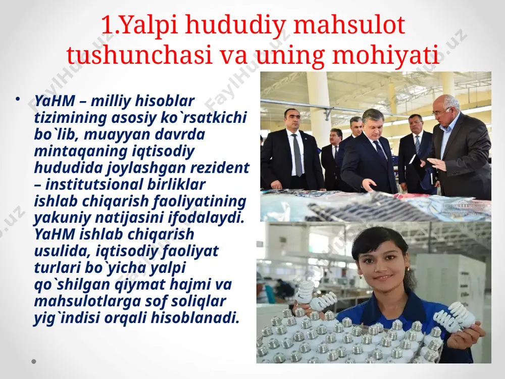noatiga (mashina va uskunalardan tashqari) to’g’ri keldi va 24,5% ni tashkil etdi.oziq ovqat mahsulotlari, ichimliklar va tamaki mahsulotlarini ishlab chiqarishning ulushi 17,0%, to’qimachilik mahsulotlari, kiyim, teri va unga tegishli mahsulotlar ishlab chiqarish — 16,1%, rezina, plastmassa buyumlar va boshqa nometall mineral mahsulotlar ishlab chiqarish — 11,3%, kimyo mahsulotlari ishlab chiqarish — 9,2%, avtotransport vositalari, treylerlar, yarim pritseplar hamda boshqa transport uskunalari ishlab chiqarish — 7,4%, elektr uskunalar ishlab chiqarish — 3,5% va ishlab chiqaradigan (qayta ishlash) sanoatining boshqa mahsulotlarini ishlab chiqarish — 11,0% ni tashkil qildi. dastlabki ma`lumotlarga ko`ra, 2018 yilning yanvar – iyunida qoraqalpog`iston respublikasi yahm hajmi joriy narxlarda 4 947,9 mlrd.so`mni tashkil etdi va 2017 yilning mos davri bilan taqqoslaganda 3,5 % ga o`sdi. yahm ning o`sishi qishloq, o`rmon va baliq xo`jaligi – 102,6 % (yahm tarkibidagi ulushi – 10,1 %), sanoat – 104,0 % (36,3 %), qurilish – 101,5 % (8,4 %), xizmatlar sohasi – 103,7 % …
