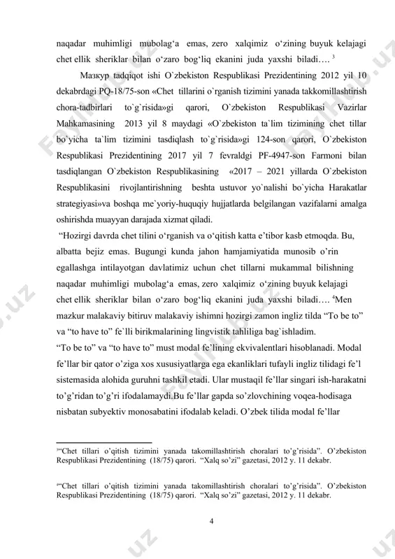 asosida ularning struktura va semantikasi bo’yicha tavsiyalar berish; -gap qurilishida “to be to” va “to have to” obototlarining roli va o’rnini aniqlash; -zamonaviy ingliz va amerkalik yozuvchilarning badiiy asarlaridan olingan misollardan foydalanib “to be to” va “to have to”oborotlarining sintaktik va semantic xususiyatlarini atroflicha o’rganib chiqish; bitiruv malakaviy ishining ob’yekti: modal fe’llarning ekvivalentlari o’rtasida alohida o’rin tutadigan “to be to” va “to have to” oborotlari tadqiqotning ob’yektidir. bitiruv malakaviy ishining ilmiyligi va amaliy ahamiyati: “to be to” va “to have to” oborotlarini leksik-semantik tahlil qilish orqali uning turli leksik ma’nolarini aniqlash va bu oborotlar qatnashgan gaplarni tarjima qilganda ularning o’zbek tilidagi muqobil variantlarini topish tadqiqotning ilmiyligidir. mazkur tadqiqotning ilmiy nazariy xulosalari ingliz tilining nazariy va amaliy grammatikasi fanlari uchun ilmiy qiymatga ega bo’lib, ulardan “to be to” va “to have to” mavzusida ilmiy maqolalar yozishda, ingliz tili grammatikasidan shu mavzuda amaliy mashg’ulotlar o’tishda foydalanish mumkin. i bob.hozirgi zamon ingliz tilida …