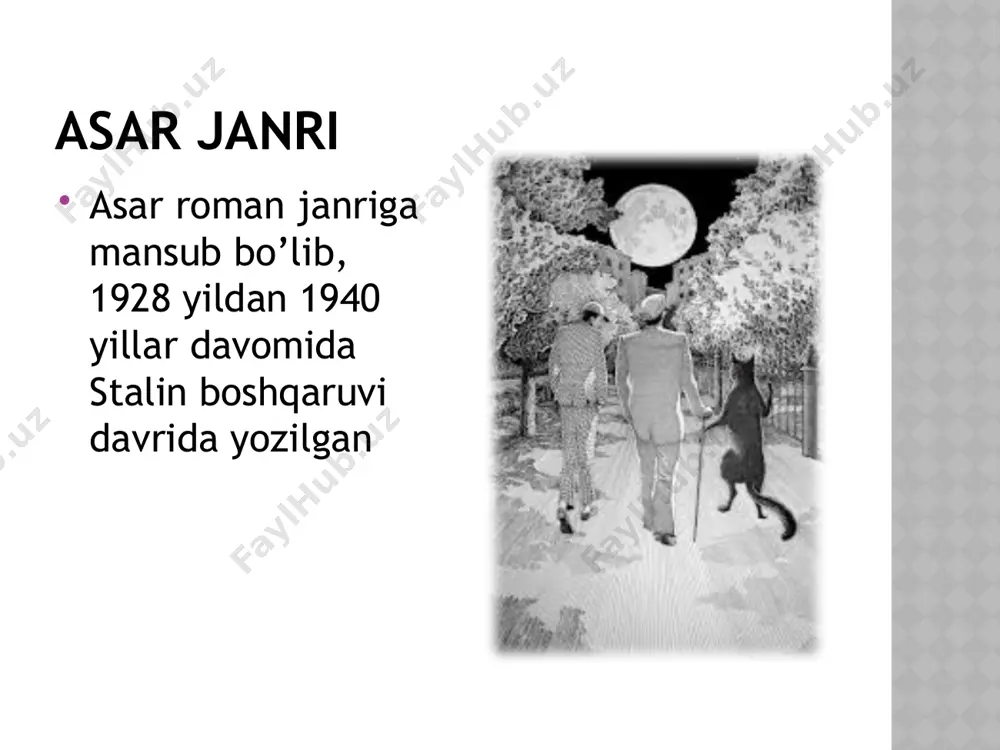 nologlari kitobxonga ular haqida ko’proq bilib olishga yordam beradi. misol uchun, biz ivan nikolayevichning portretidan tashqari uning psixikasi va xarakteri to’grisida uning o’ziga aytgan gap so’zlaridan va hamrohlari haqida o’ylagan gap so’zlaridan bilib olishimiz mumklin asarda ko’p ovozlilik(polifoniya) asarda bosh qahramonlardan( voland, fagot, margarita ,usta,bezdomniy) tashqari ikkinchi darajali va epizodik qahramonlar ko’p bo’lib bu asar g’oyasini ochib berishda katta ro’l o’ynaydi. chunki aynan adib qoralagan barcha insoniy chirkin xislatlarni kitobxon aynan ushbu kichik qahramonlar obrazi orqali aniq his qiladi va anglaydi.bundan tashqari asar qahramonlari soni asar mavzu jihatdan ham qamrovini oshirishga yordam bergan. asarda sevgi muhabbat, sodiqlik, ikkiyuzlamachilik, qalloblik, yaxshilik va yomonlik mavzulari mahorat bilan ochib berilgan. asar voqealari qachon va qayerda ro’y beradi? asarda voqeaar ikki xil zamon va makonda sodir bo’lib ular 1.moskvada 1935 yilning may oyida 2.yershalim shahrida iso paygambar qatl ellgan yilning bahorgi nison oyining 14 kuni sodir bo’ladi asardagi motivlar to’lin oy- asarda to’lin oy …