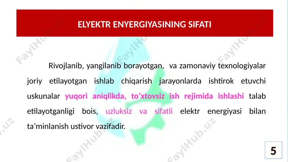 oeffitsiyentining pasayishiga, avtomatik boshqaruv va himoya uskunalarining sezgirlik darajasini pasaytiradi. natijada elektr ta’minot tarmoqlarida elektr energiyasining isrofi ko‘zda tutilmagan sabalarga ko‘ra ortib ketadi. 24 kuchlanishi 35/10 kv li uch fazali pasaytirish transformatorifar 25 elektr energiyasining sifat kursatkichi pasayishiga elektr tarmoqlarida bir turdagi elektr iste’molchilarning ulanib qolishi ham sabab bo‘lishi mumkin. bunga elektr tarmog‘ida aksariyat aktiv quvvatli iste’molchilar (elektr isitgichlar, cho‘glanma lampalar, projektorlar va h.k.) yoki reaktiv quvvatli iste’molchilar (drossselli va kondensator batareyali qurilmalar va elektr yoritgichlar, kichik quvvatli ko‘p sonli elektr dvigatellar va h.k) ni masol keltirish mumkin. ushbu tarmoqlarda aktiv quvvat iste’moliga ehtiyojning ko‘pligi, uning pasayishiga, va aksincha reaktiv quvvatga talabning ozligi evaziga uning ortishi kuzatiladi. 26 aktiv quvvat iste’molchilari: elektr isitgichlar, cho‘g‘lanma lampalar (cosφ =1) 27 elektr ta’minoni reaktiv quvvat iste’molchilari: induksion isitgich, drossellar va g‘altaklar (sinφ =1) 28 elektr ta’minoni reaktiv quvvat iste’molchilari: kondensator batareyalari va sig‘im elementlari (sinφ =1) 29 elektr tarmog‘ining simmetrik ulanishi. р1...р6 – …