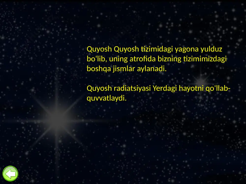 mumkin, bu venera sirtini bizning tizimimizda maksimal haroratgacha qizdirish imkonini beradi. er yuzasidagi iqlim zolim va sayyoraning o'zi juda yomon yoritilgan, g'oyat qalin bulutlar qatlami bilan qoplangan. sayyorada mavjud bo'lgan shamollar engil yugurishdan tez emas - soniyasiga 1 metr. venera yuzasiga yumshoq qo'ngan birinchi kosmik kema 1970 yil 17 avgustda uchirilgan venera 7 kosmik zondi edi. 9 sayyora soat miliga teskari tomonga aylanishi aniqlandi. venerada bir kun bir yildan ko'proq. sayyoraning sekin aylanishi tufayli bir kun 243 yer kuni davom etadi. sayyora atrofida bir orbitada 225 yer kuni ketadi. mars mars quyoshdan to'rtinchi sayyora bo'lib, qadimgi rim urush xudosi mars sharafiga nomlangan. marsni ba'zan "qizil sayyora" deb atashadi, chunki uning yuzasi qizg'ish rangga ega. mars atmosferasining tarkibi venera atmosferasiga juda o'xshaydi. ikkala muhitdagi asosiy komponent karbonat angidriddir (mars uchun 95%, venera uchun 97%). biroq, sezilarli farq bor: marsda issiqxona effekti yo'q, shuning uchun sayyoradagi harorat venera yuzasida 480 ° s …
