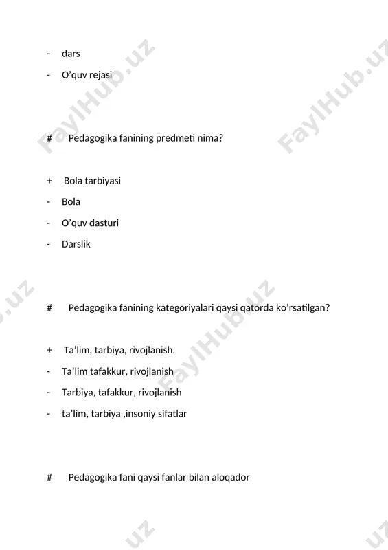 a’lim muassasalari uchun # didaktikaning “oltin qoidasi” kim tomonidan yaratilgan ? + yan amos komenskiy tomonidan - a.navoiy tomonidan - beruniy tomonidan - aristotel tomonidan # “ o`zbekiston respublikasining ta’lim to`g`risidagi qonuni” necha bo`lim va moddadan iborat? + 5 bo`lim, 34 modda - 4 bo`lim, 28 modda - 6 bo`lim, 26 modda - 8 bo`lim, 48 modda # kasb + shaxsga yo’naltirilgan ma’lum bir talablar bilan tavsiflanuvchi mehnat faoliyatining alohida turi. - ma’lum faoliyatni bajaruvchi ko’nikma va malakaga ega shaxs - ijobiy sifatlarga ega boshqaruv tizimini anglab faolieat yuruvchi shaxs - ktmd talblariga javob beruvch shaxs # pedagogika fanining metodologiyasi -... + pedagogik bilimlarni egallash to`g`risidagi ta’limot - ta’lim – to`g`risidagi qonun, kadrlar tayyorlash milliy dasturi - milliy – umum milliy qadriyat va an’analar - islom ta’limoti, o`tmish – ma’naviy meros # ……. ta’limiy faoliyatning xilma- xil turlari bilan shug’ullanuvchi shaxsga nisbatan qo’llaniladigan unumiy tushuncha. + pedagog - muxandis - …