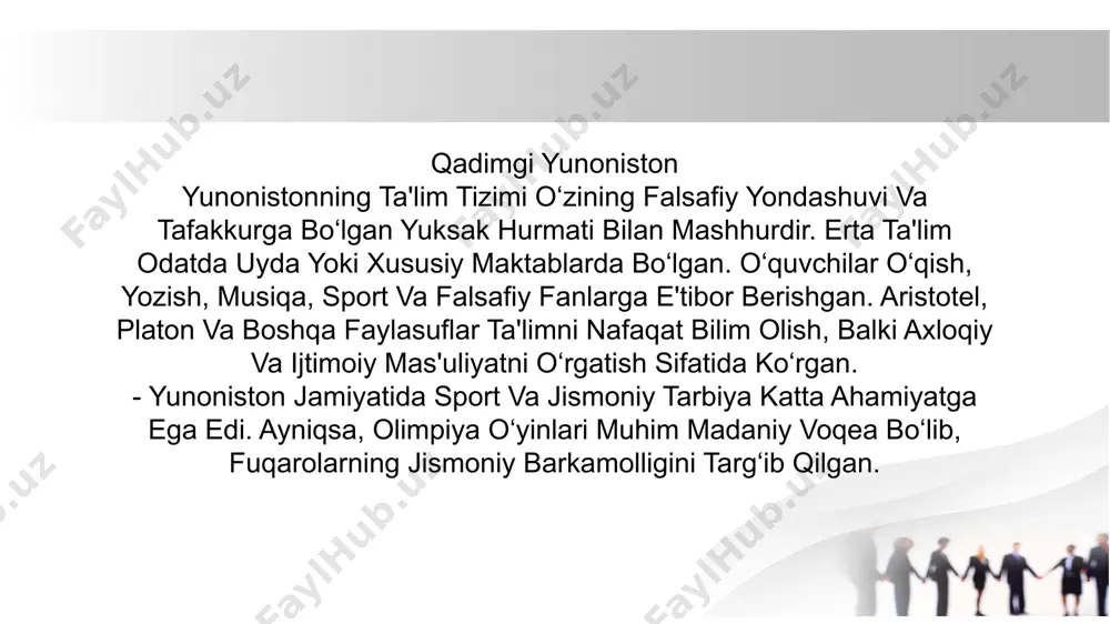 limni ham o‘z ichiga olgan. rimning harbiy hokimiyatini mustahkamlashda ta'lim katta rol o‘ynagan: harbiy ta'lim: rimning ta'lim tizimi fuqarolarni harbiy xizmatga tayyorlashni ham o‘z ichiga olgan. o‘quvchilar jangovar san'atlar, strategiya va taktika o‘rganishgan. jismoniy tarbiya: jismoniy kuch va kuch-quvvatni oshirish uchun sport va jismoniy mashqlar muhim edi. rimda gladiatorlar o‘yinlari va sport musobaqalari katta ahamiyatga ega edi, va bu ta'limning bir qismi sifatida qaralgan. 4. qullarning ta'limi rimda qullar uchun ta'lim chegaralangan bo‘lsa-da, ba'zi hollarda ularga ma'lum bilimlar va hunarlar o‘rgatilgan: - rim qullari: qullarga ko‘proq amaliy bilimlar o‘rgatilgan, masalan, hunarmandchilik, xizmat ko‘rsatish yoki boshqa ishlarga tayyorlash. biroq, ba'zi qullar o‘qituvchi, yozuvchi yoki madaniyatshunos sifatida ishlashgan, ular ko‘pincha yuqori sinf oilalarining xizmatlarida bo‘lgan. - qullarning ta'lim olish imkoniyati: ba'zi qullar ta'lim olishga huquq berilgan bo‘lsa-da, bu imkoniyat ko‘pincha juda cheklangan bo‘lgan. rimda ta'lim tizimi amaliy, fuqarolik va davlat ishlariga tayyorlovchi bo‘lib, jamiyatning barcha qatlamlari, ayniqsa yuqori sinf vakillari, ta'lim olishga …